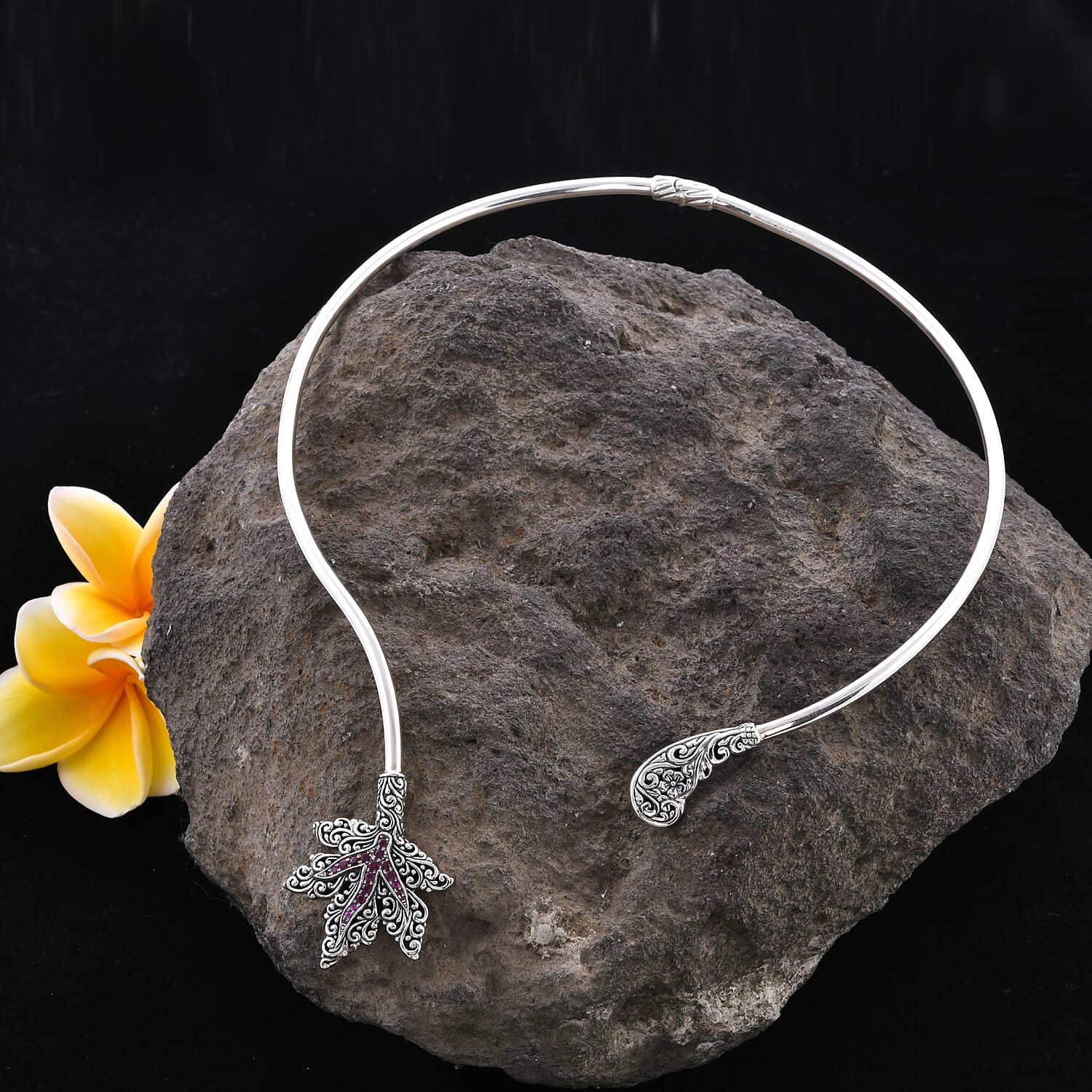 Bali Legacy Collection - African Ruby (Rnd) Maple Leaf Collar Necklace (Size 16) in Sterling Silver Silver wt 31.40 Gms