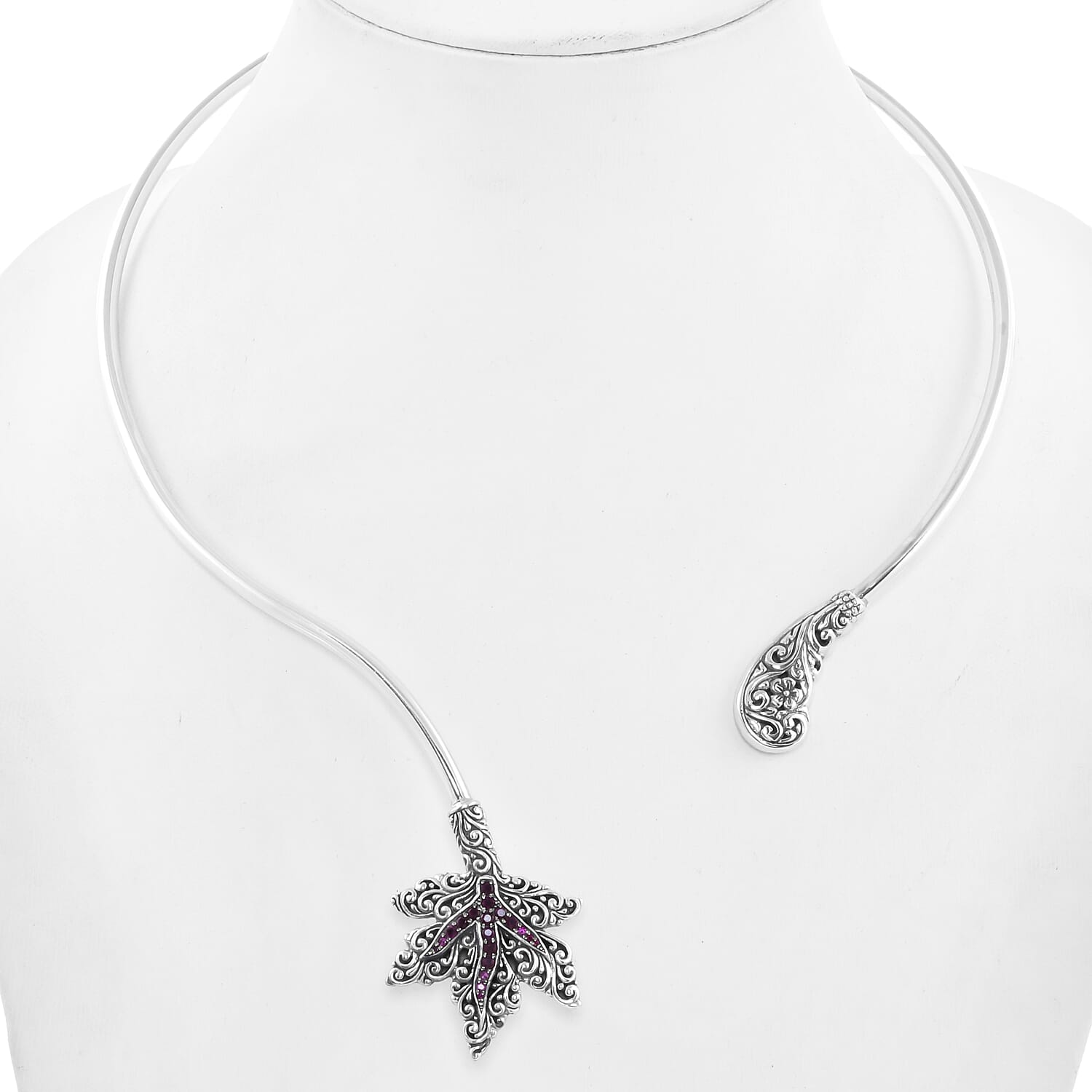 Bali Legacy Collection - African Ruby (Rnd) Maple Leaf Collar Necklace (Size 16) in Sterling Silver Silver wt 31.40 Gms