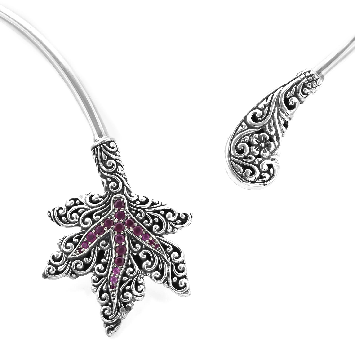 Bali Legacy Collection - African Ruby (Rnd) Maple Leaf Collar Necklace (Size 16) in Sterling Silver Silver wt 31.40 Gms