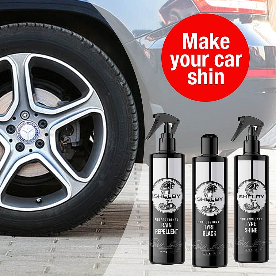 SHELBY Exterior 3 Pc Kit - Tyre Shine, Tyre Black and Rain Repellent with 2 X Applicators