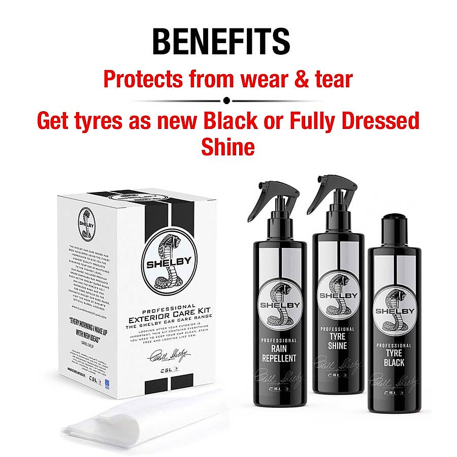 SHELBY Exterior 3 Pc Kit - Tyre Shine, Tyre Black and Rain Repellent with 2 X Applicators