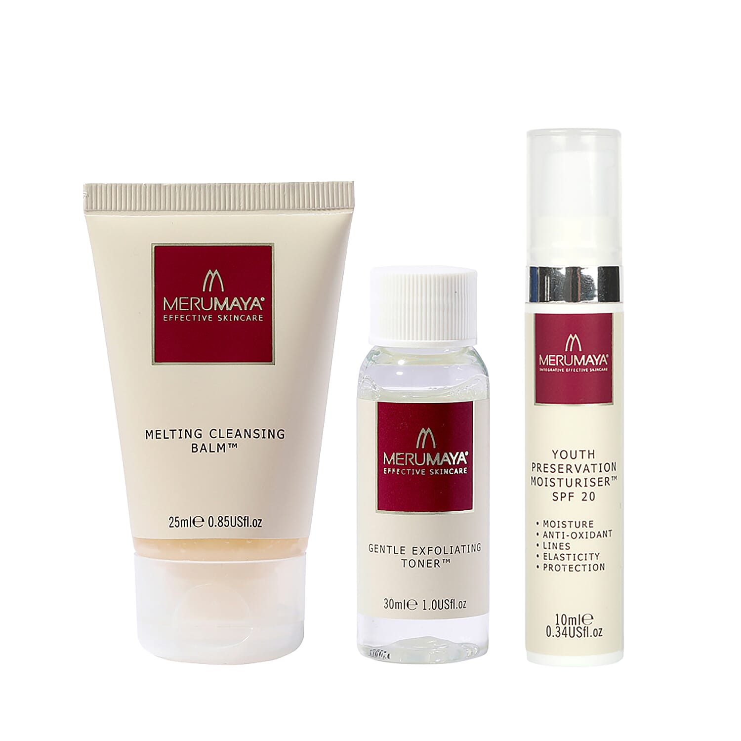 MeruMaya: Skincare Starter Set (Incl. Melting Cleansing Balm - 25ml, Gentle Exfoliating Toner - 30ml & Youth Preservation Moisturiser - 10ml)