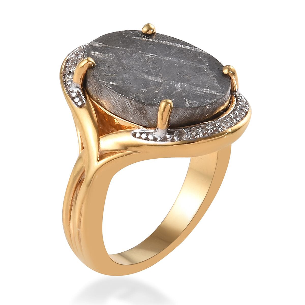Tucson Special - Meteorite (Ovl 16x12mm), Natural Cambodian Zircon Ring in 14K Gold Overlay Sterling Silver 4.42 Ct.