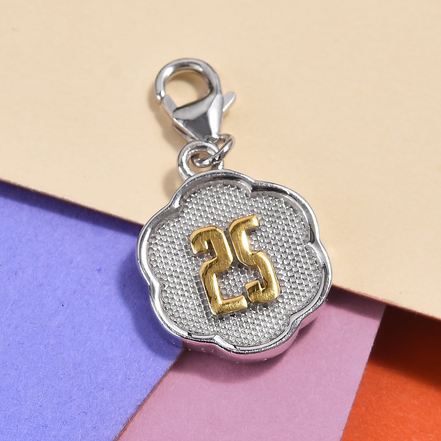 25 Birthday Anniversary Charm in Platinum and Yellow Gold Overlay Sterling Silver