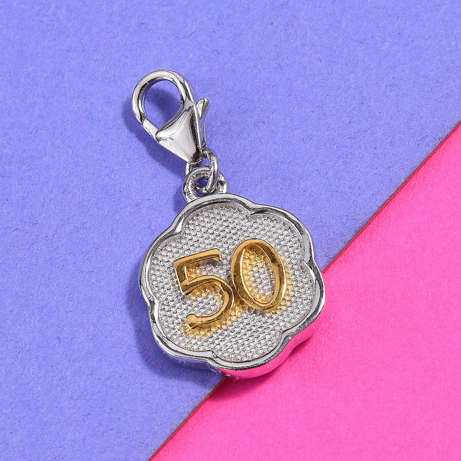 50 Birthday Anniversary Charm in Platinum and Yellow Gold Overlay Sterling Silver