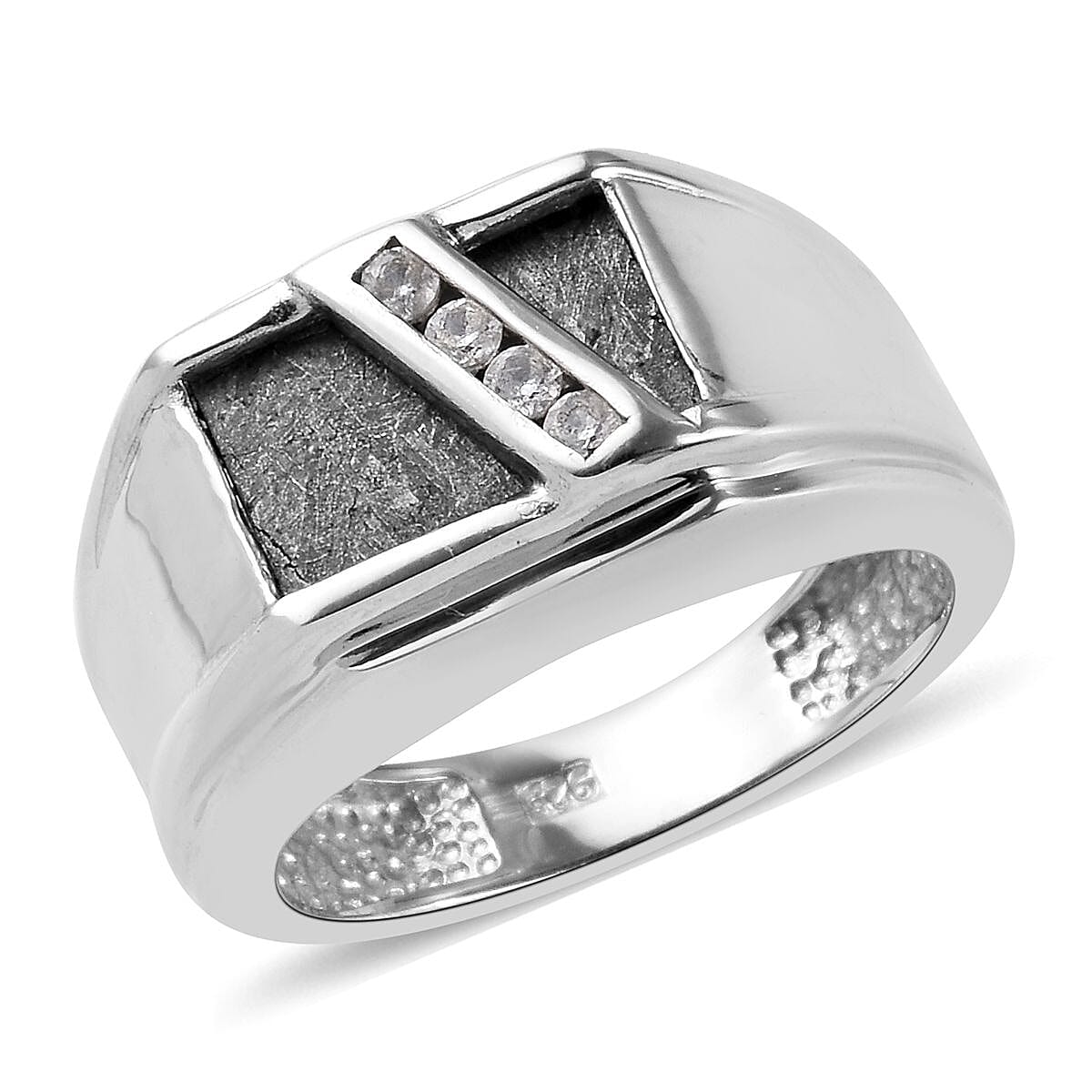 Tucson Special - Meteorite (Bgt 12x8mm), Natural Cambodian Zircon Ring in Platinum Overlay Sterling Silver 1.03 Ct, Silver wt 6.45 Gms