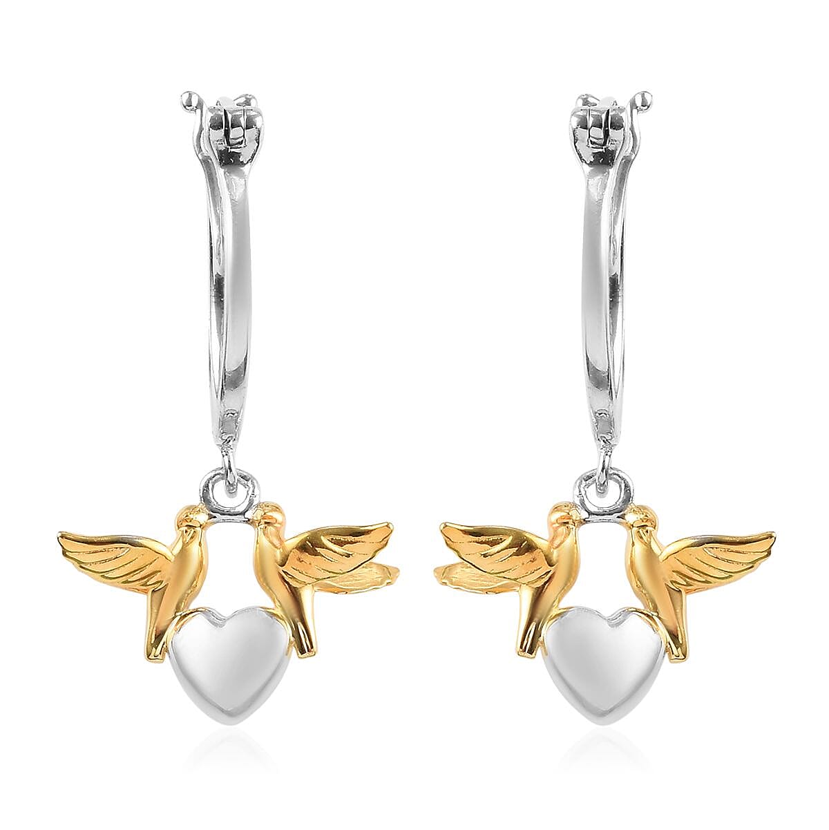Platinum and Yellow Gold Overlay Sterling Silver Bird Heart Earrings (with Clasp), Silver wt 5.00 Gms