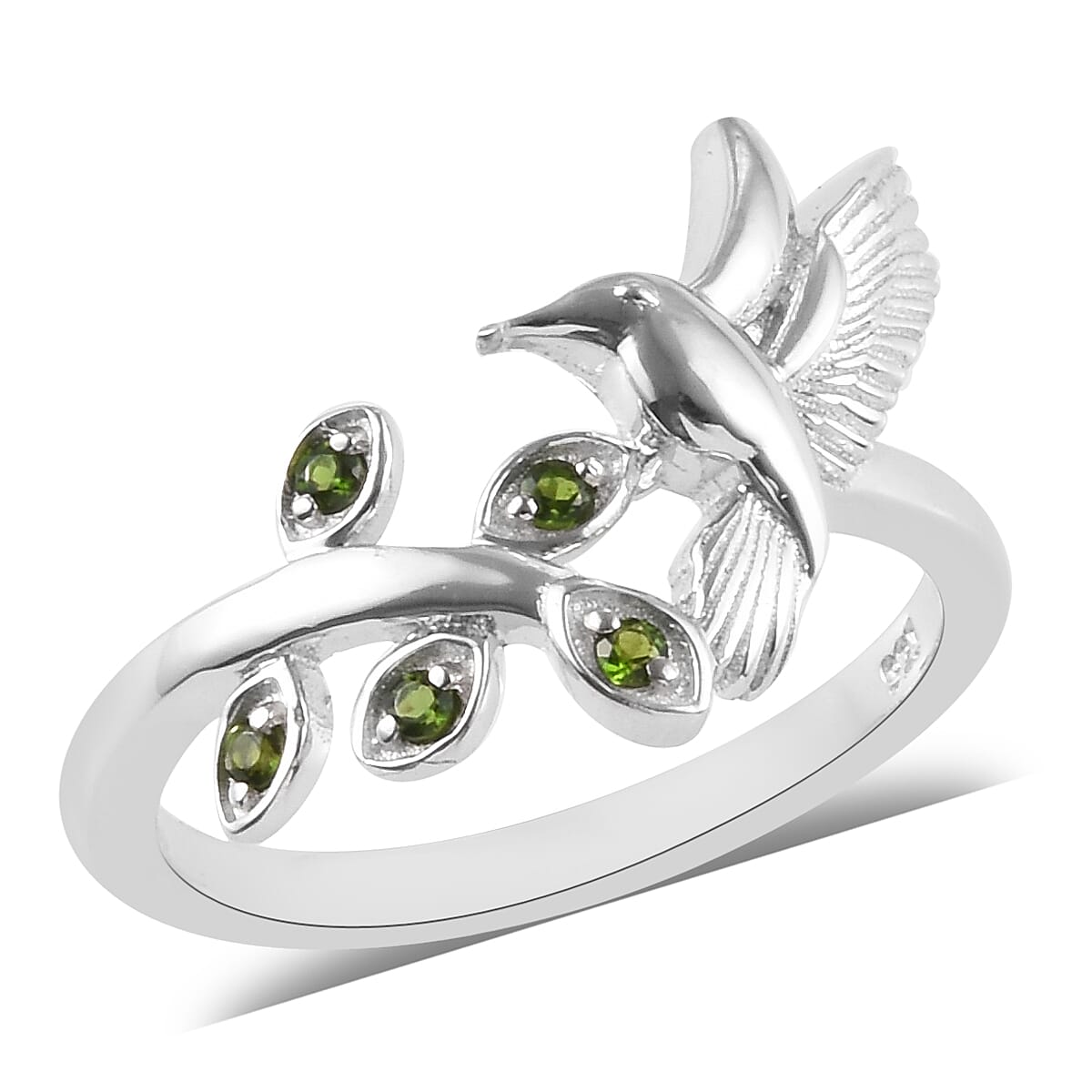 Chrome Diopside (Rnd) Bird and Leaf Bypass Ring in Platinum Overlay Sterling Silver
