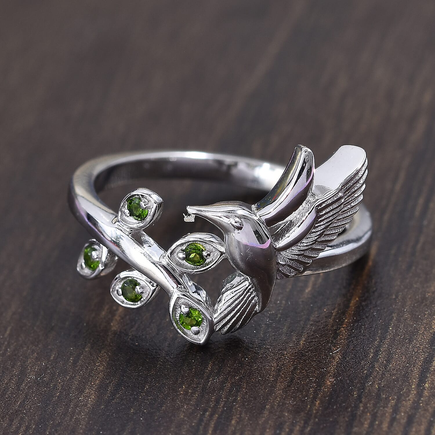 Chrome Diopside (Rnd) Bird and Leaf Bypass Ring in Platinum Overlay Sterling Silver