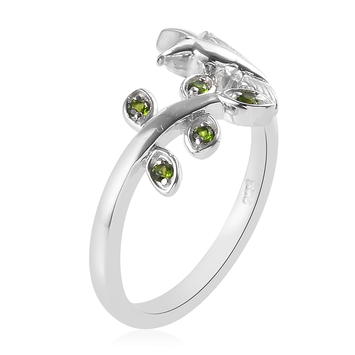 Chrome Diopside (Rnd) Bird and Leaf Bypass Ring in Platinum Overlay Sterling Silver
