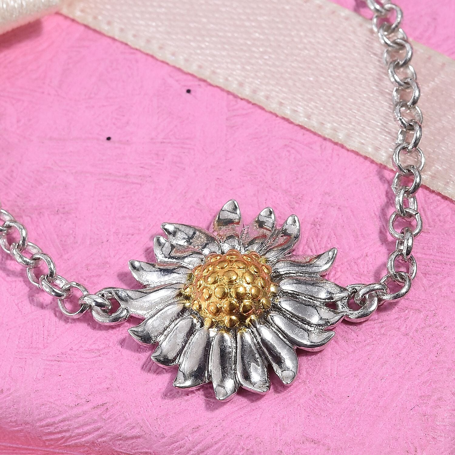 Platinum and Yellow Gold Overlay Sterling Silver Floral Bracelet (Size 7.5)