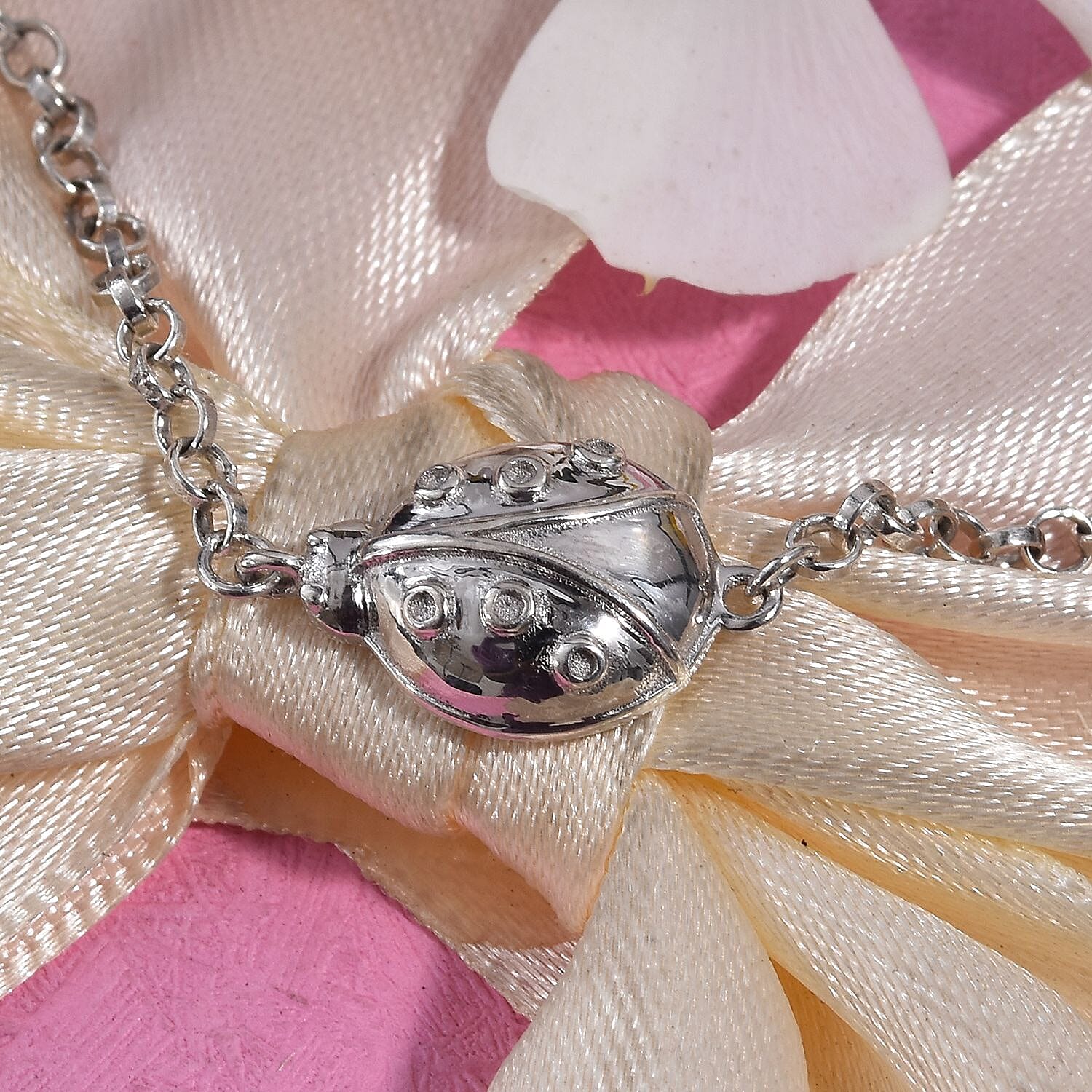 Platinum Overlay Sterling Silver Ladybird Bracelet (Size 7.5) with Lobster Clasp