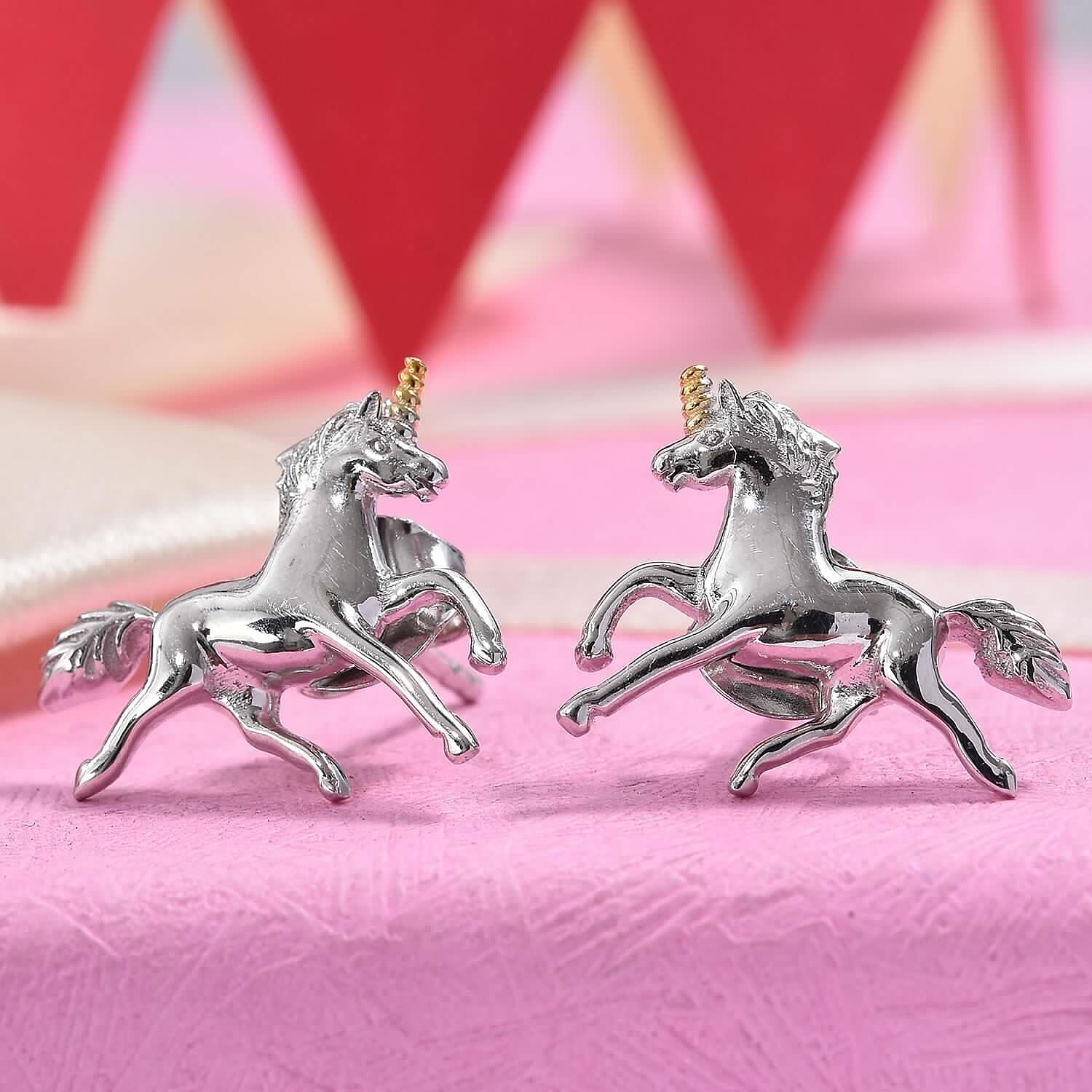 Unicorn Earrings for Girls in Platinum and Gold Plated Silver with Push Back