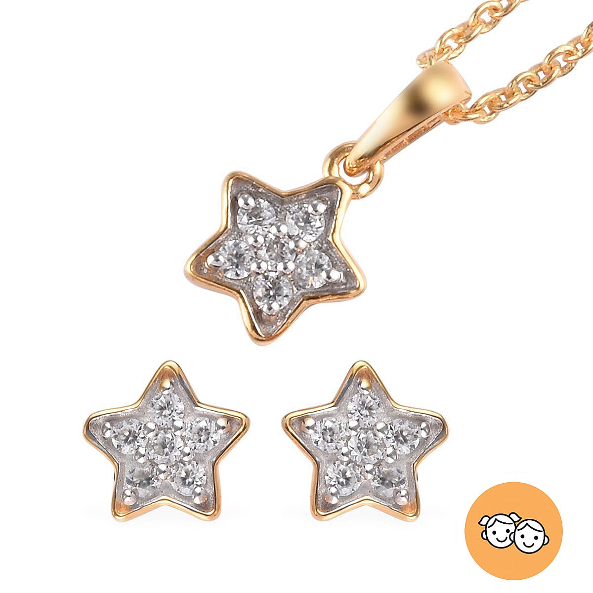 2 Piece Set Zircon Star Pendant for Kids with 20 Inch Chain and Stud Earrings in Gold Plated Sterling Silver