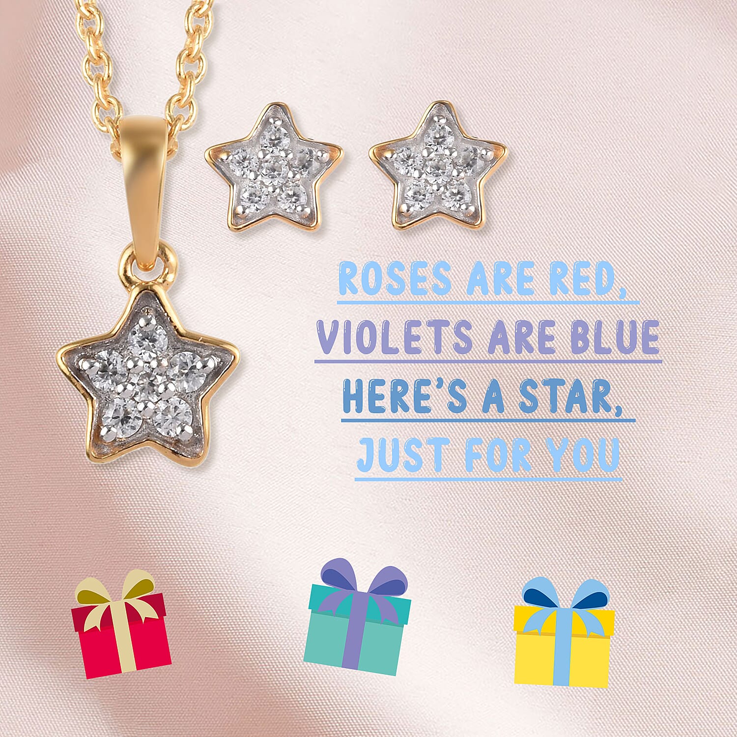 2 Piece Set Zircon Star Pendant for Kids with 20 Inch Chain and Stud Earrings in Gold Plated Sterling Silver