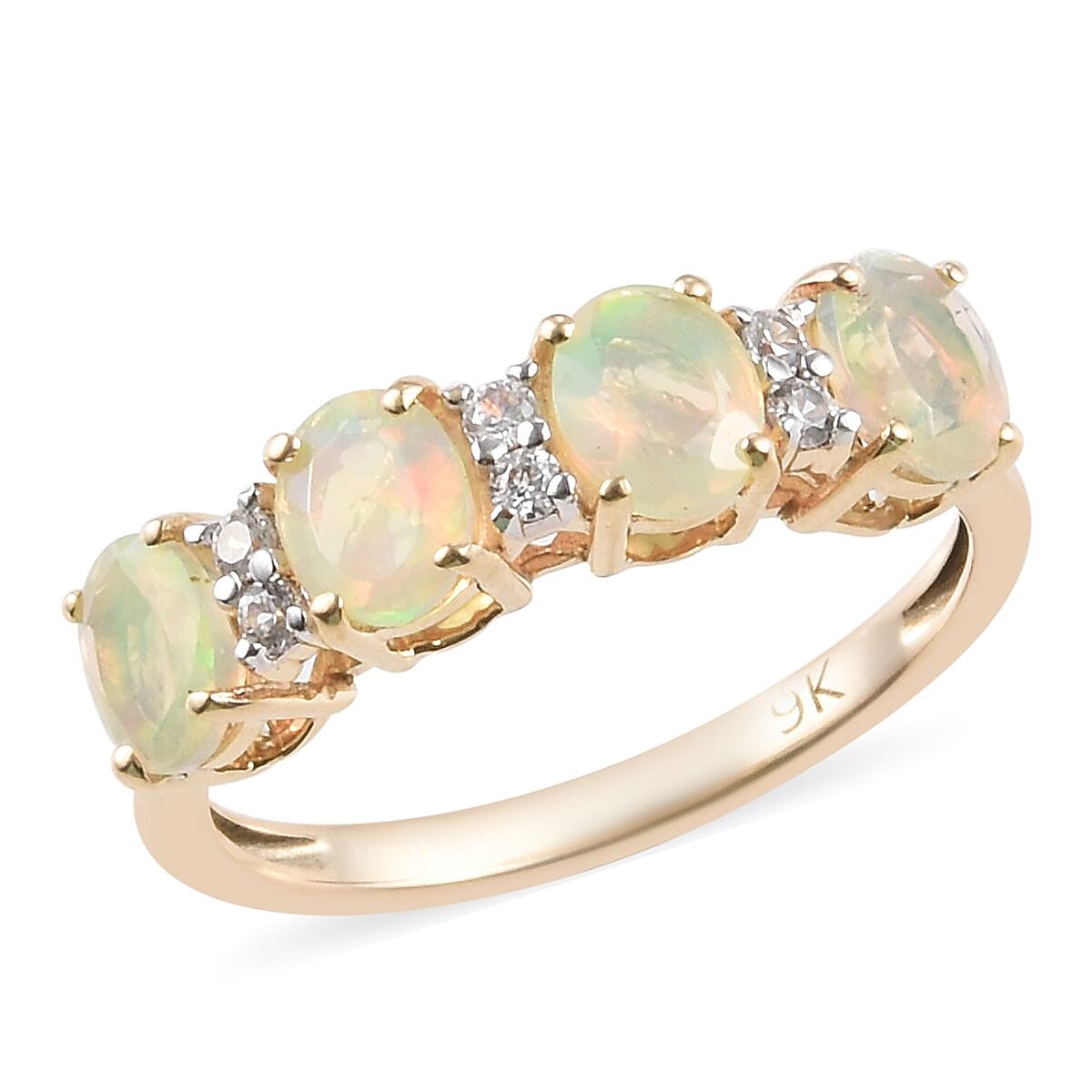 9K Yellow Gold Ethiopian Welo Opal and Natural Cambodian Zircon Ring 1.00 Ct.