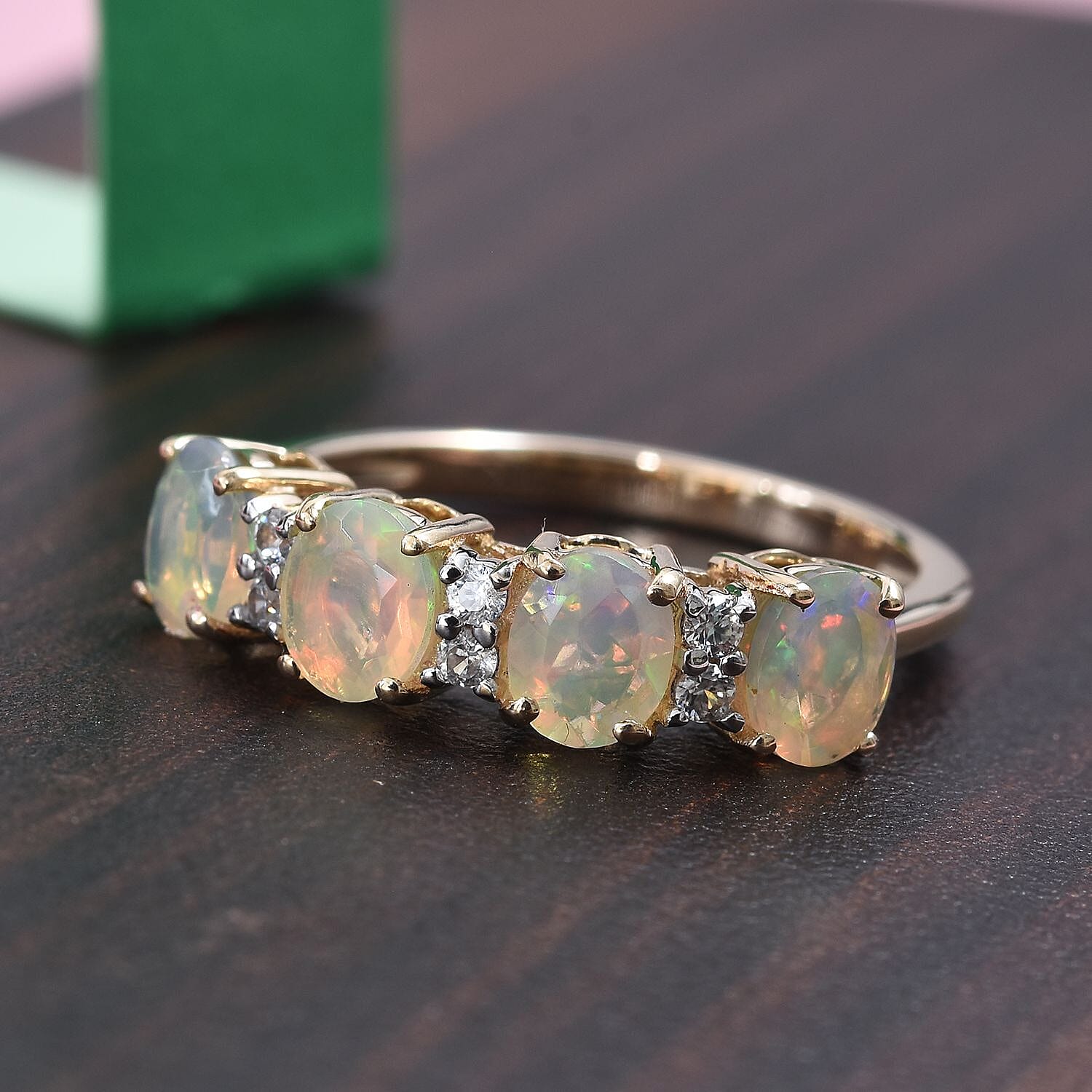 9K Yellow Gold Ethiopian Welo Opal and Natural Cambodian Zircon Ring 1.00 Ct.