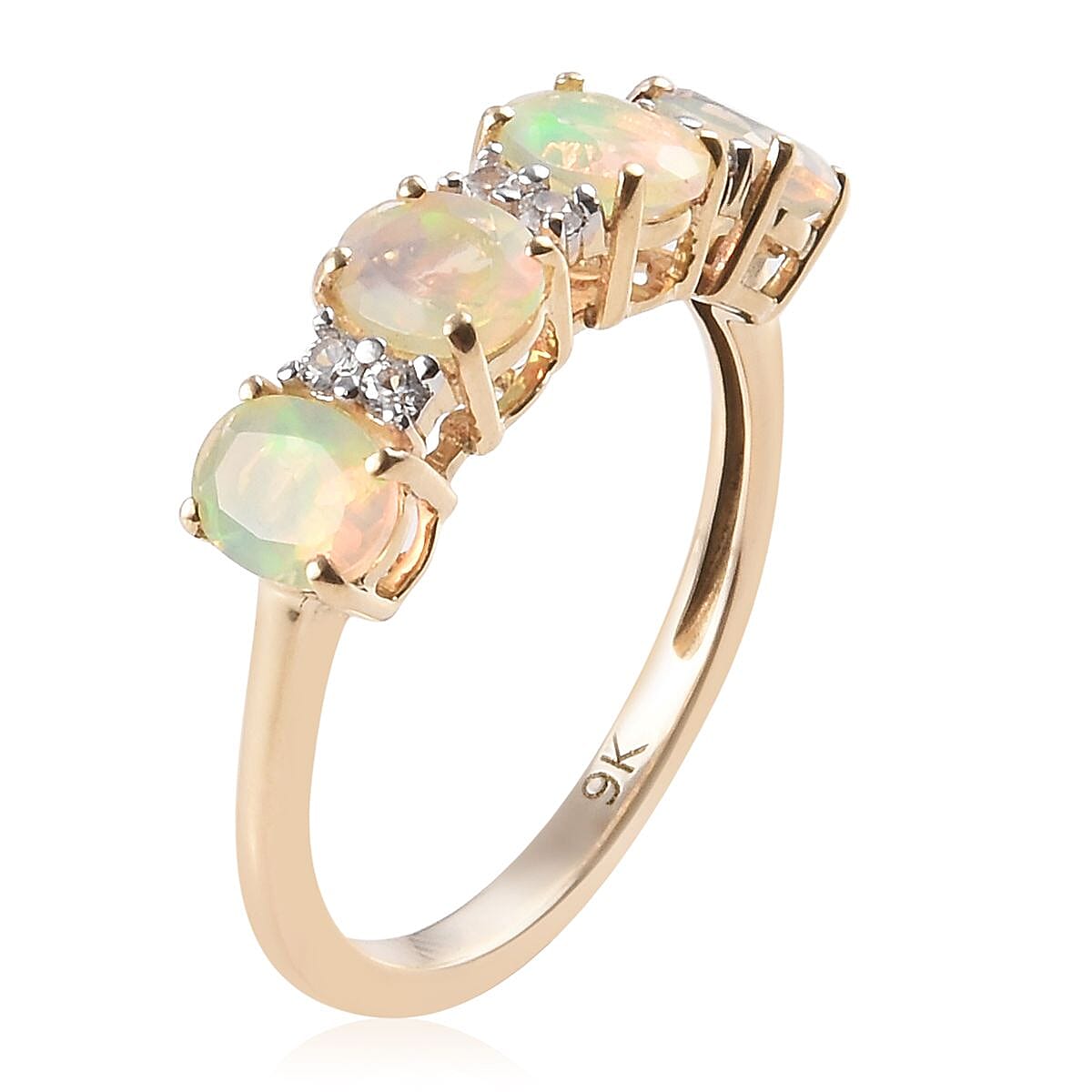 9K Yellow Gold Ethiopian Welo Opal and Natural Cambodian Zircon Ring 1.00 Ct.