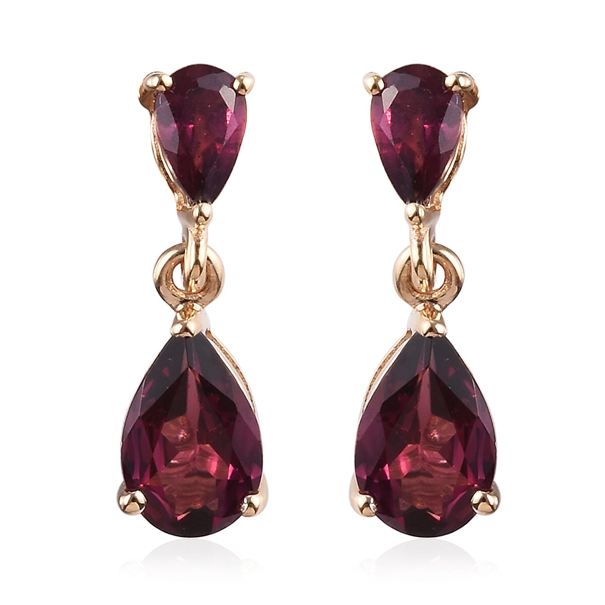 9K Yellow Gold Rhodolite Garnet (Pear) Drop Earrings 2.25 Ct.