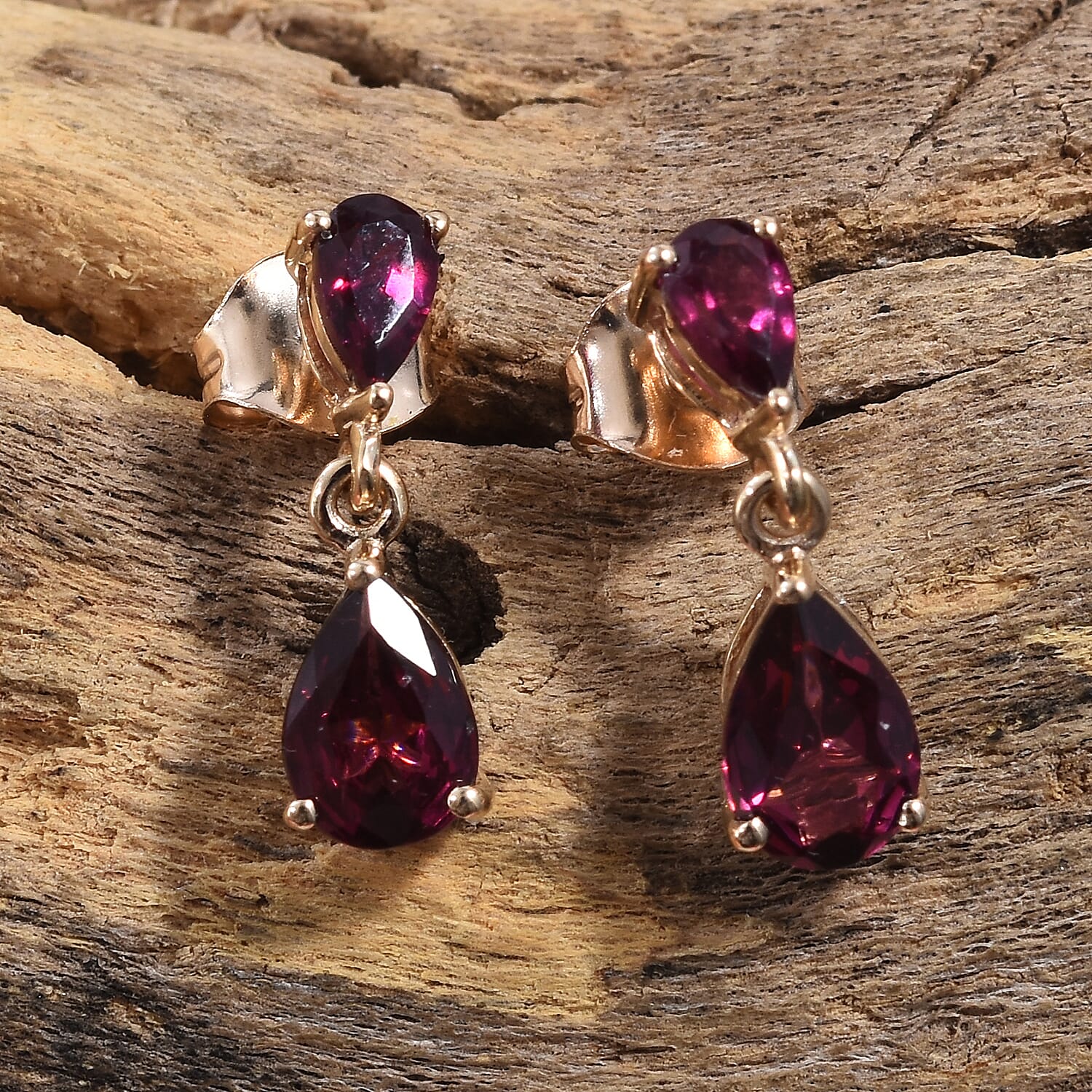 9K Yellow Gold Rhodolite Garnet (Pear) Drop Earrings 2.25 Ct.