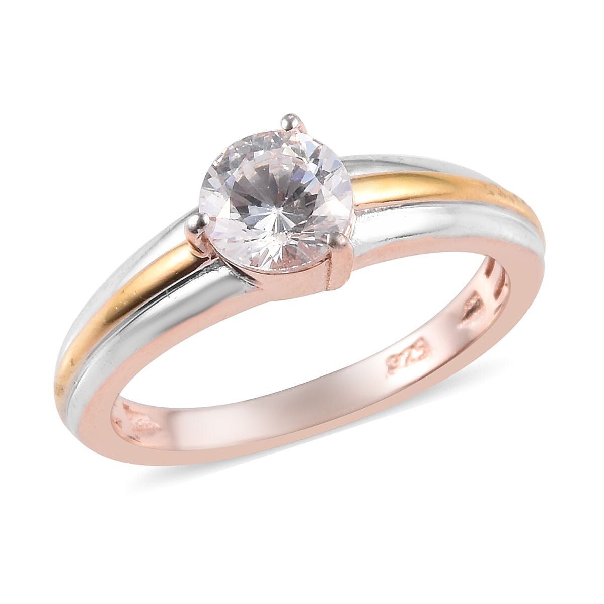 J Francis - Platinum, Yellow and Rose Gold Overlay Sterling Silver (Rnd) Ring Made with Finest CZ
