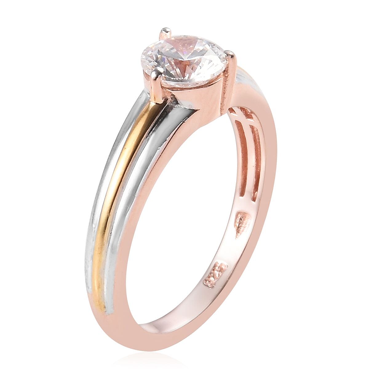 J Francis - Platinum, Yellow and Rose Gold Overlay Sterling Silver (Rnd) Ring Made with Finest CZ