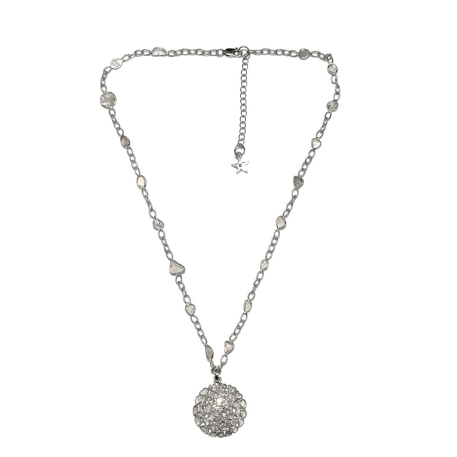 GP Polki Diamond and Blue Sapphire Necklace (Size 18 with 2 inch Extender) in Platinum Overlay Sterling Silver 4.03 Ct, Silver wt 7.91 Gms