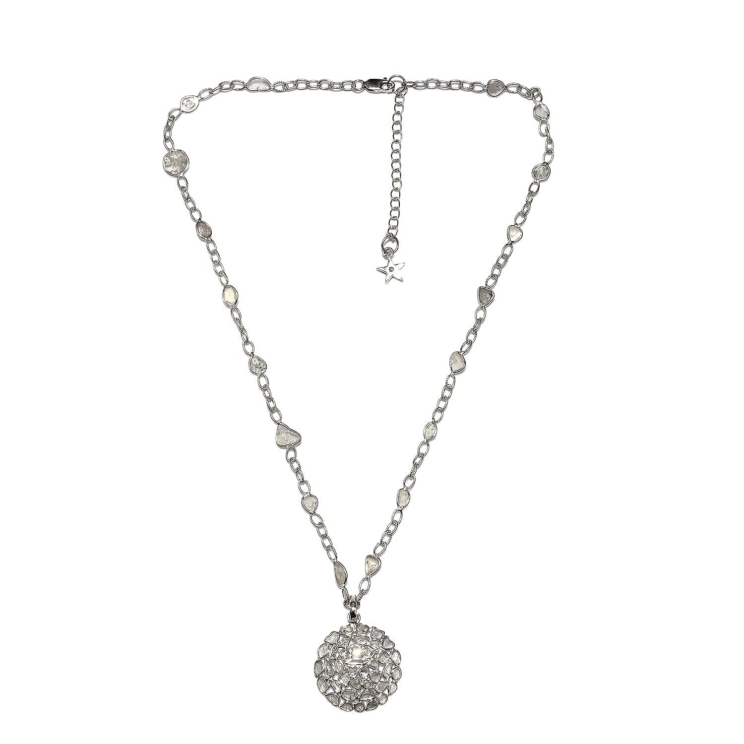 GP Polki Diamond and Blue Sapphire Necklace (Size 18 with 2 inch Extender) in Platinum Overlay Sterling Silver 4.03 Ct, Silver wt 7.91 Gms