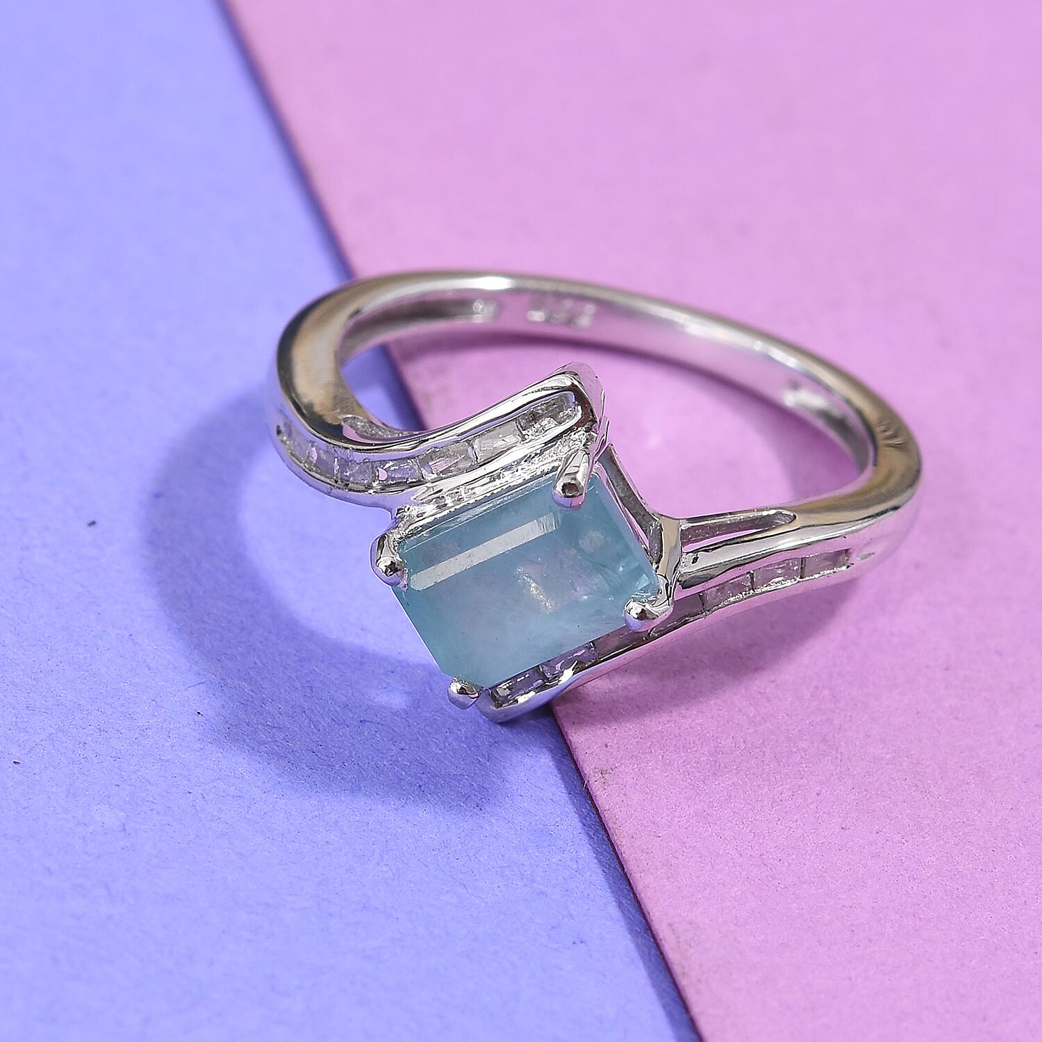 Grandidierite (Oct 7x5mm), Diamond Ring in Platinum Overlay Sterling Silver 1.000 Ct.