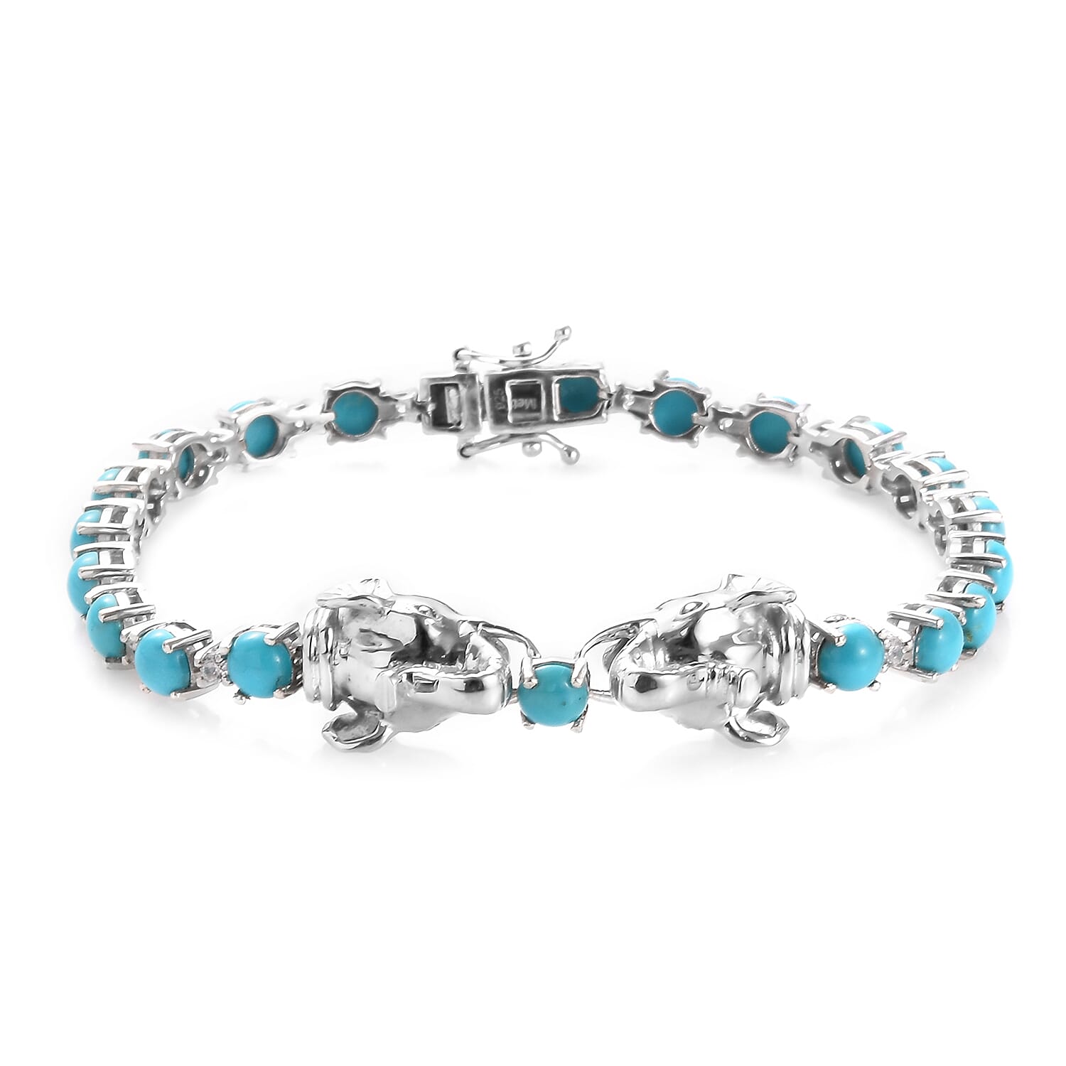 Arizona Sleeping Beauty Turquoise (Rnd), Natural Cambodian Zircon Elephant Bracelet (Size 7.5) in Platinum Overlay Sterling Silver 10.38 Ct, Silver wt 16.00 Gms