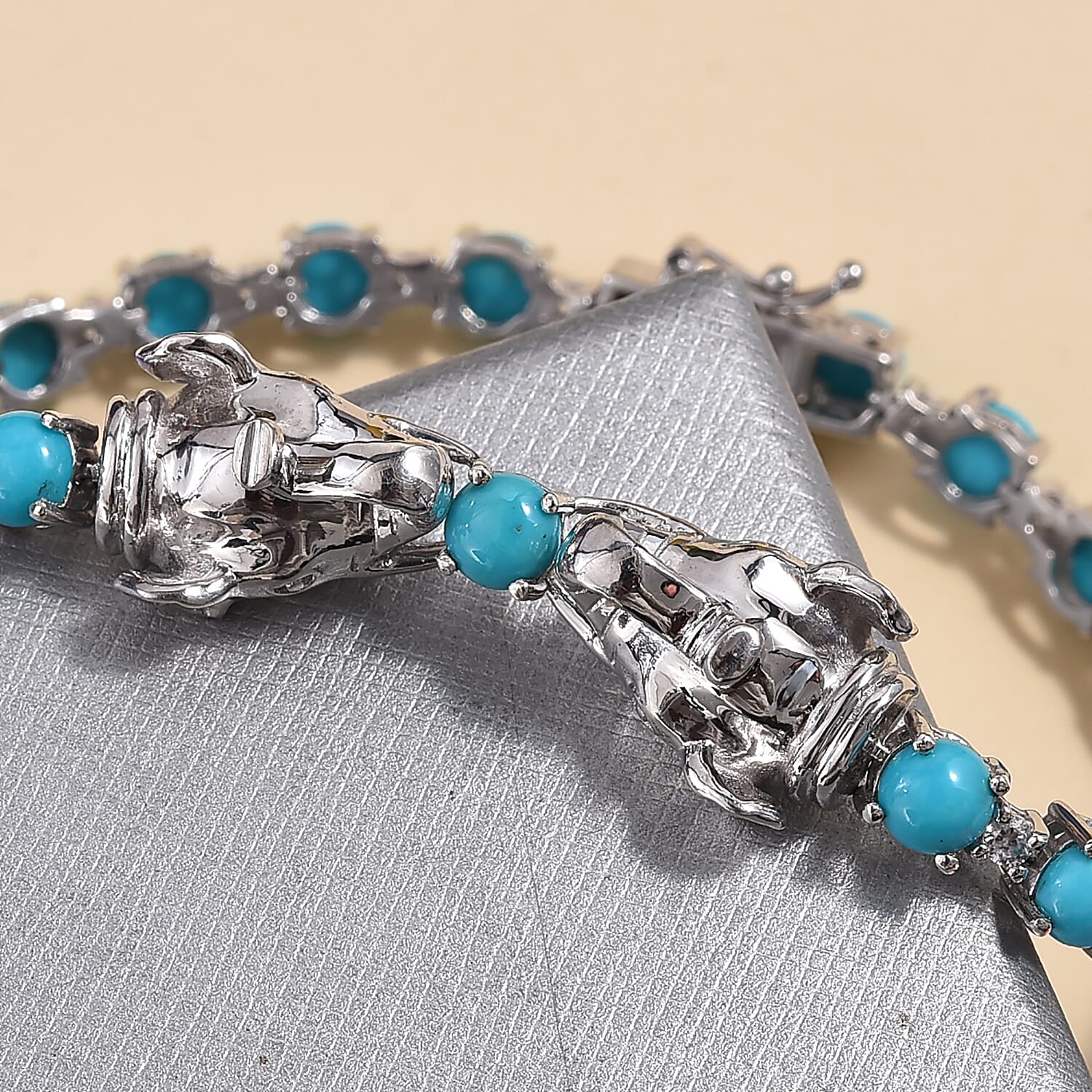 Arizona Sleeping Beauty Turquoise (Rnd), Natural Cambodian Zircon Elephant Bracelet (Size 7.5) in Platinum Overlay Sterling Silver 10.38 Ct, Silver wt 16.00 Gms
