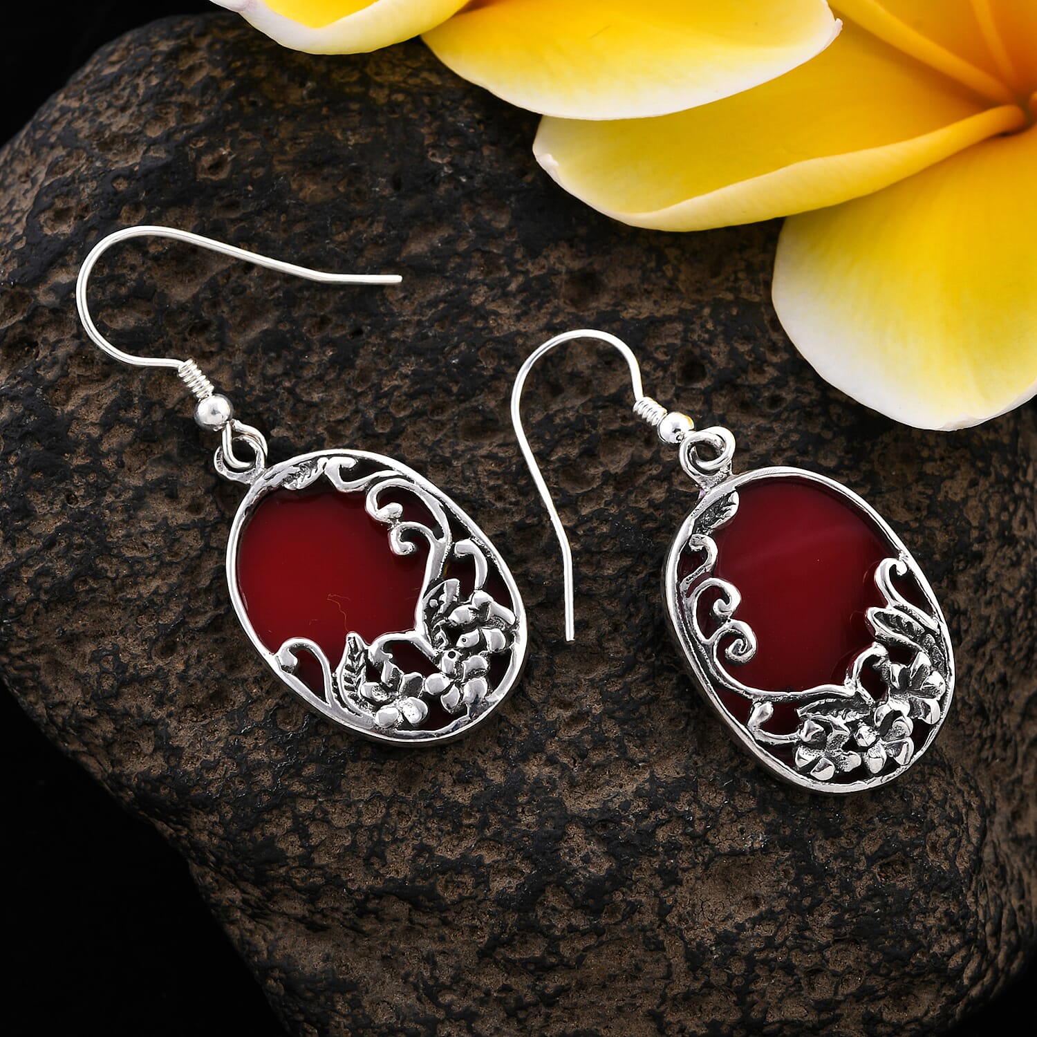 Royal Bali Collection - Sponge Coral Floral Hook Earrings in Sterling Silver, Silver wt 3.51 Gms