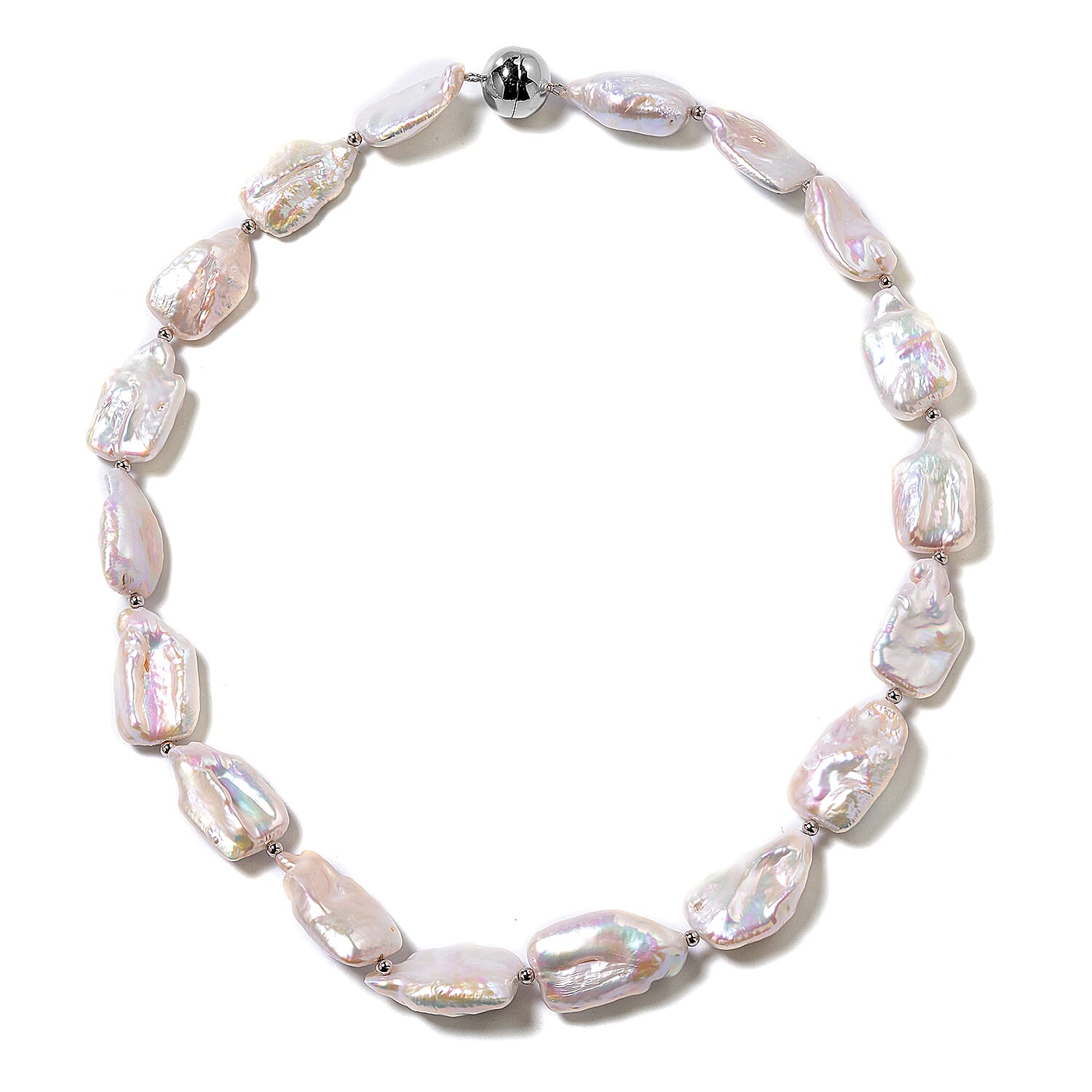 One Time Mega Deal- Rare Size White Baroque Pearl Necklace (Size 20) with Magnetic Lock in Rhodium Overlay Sterling Silver