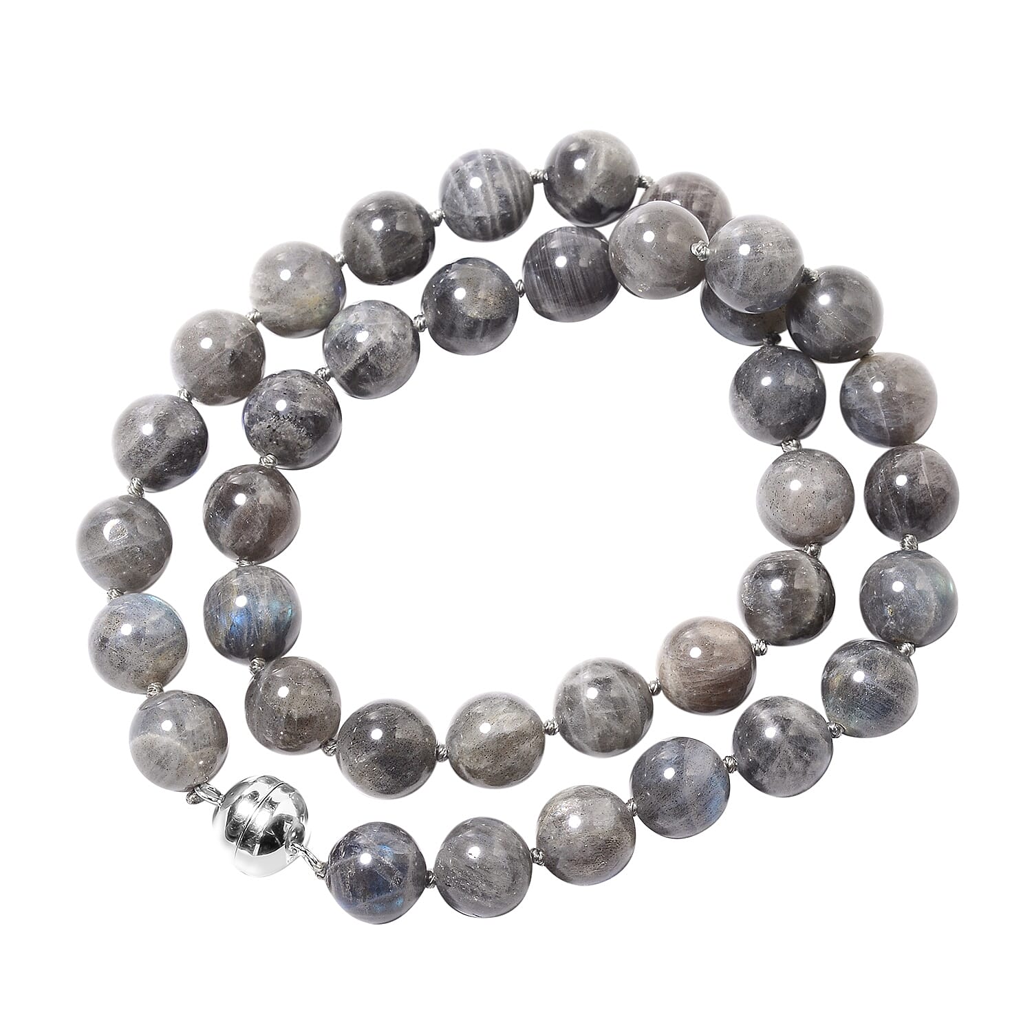 Collectors Edition- Labradorite (Rare Size Rnd 12-14 mm) Beads Necklace (Size 20) in Rhodium Overlay Sterling Silver with Magnetic Lock 476.00 Ct.