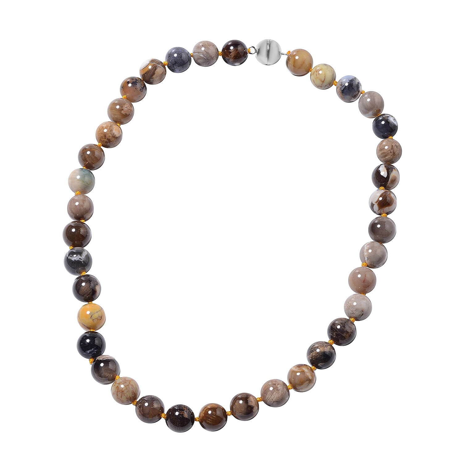 Australian Boulder Opal (Rnd 12-13 mm) Beads Necklace (Size 20) in Rhodium Overlay Sterling Silver with Magnetic Lock 444.00 Ct.