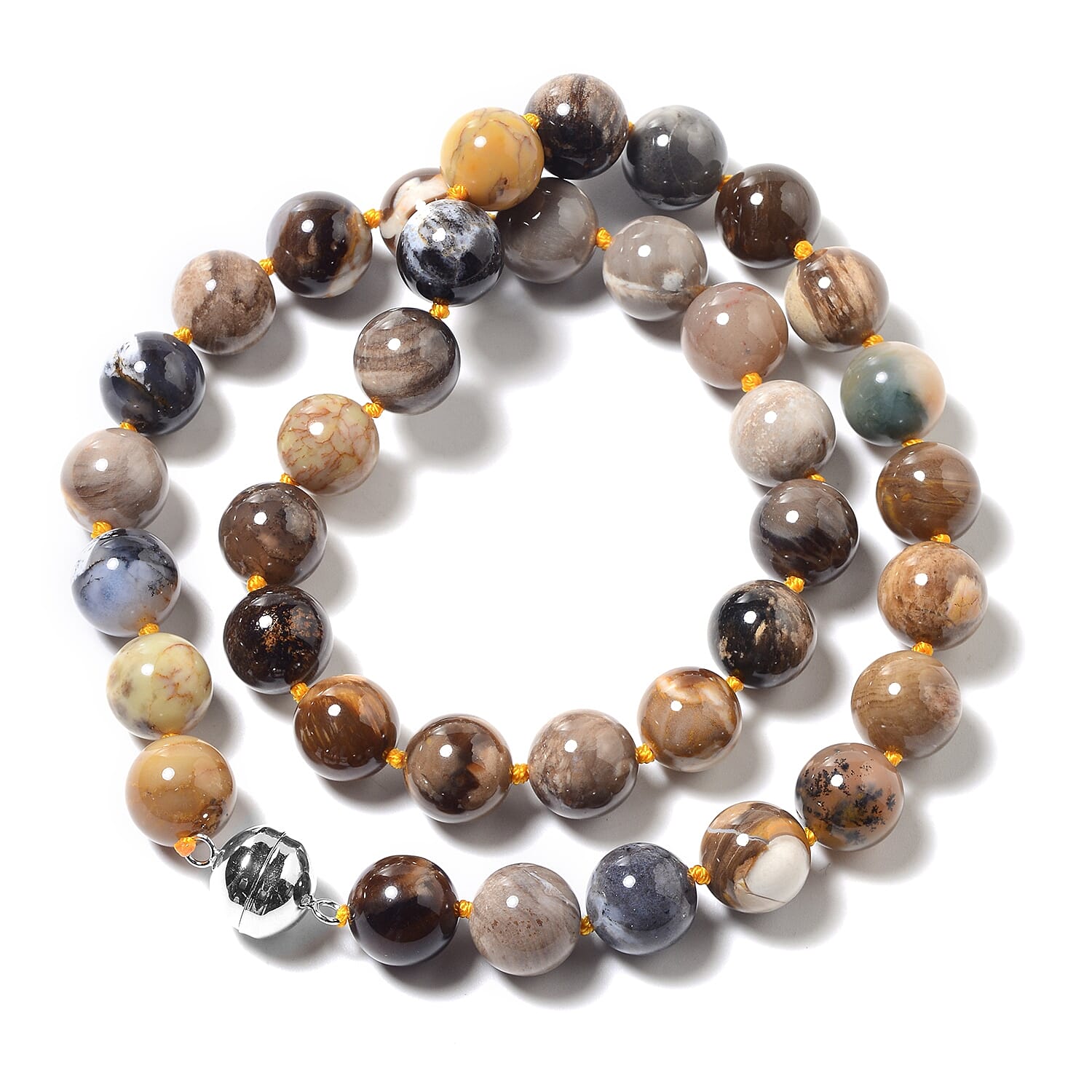 Australian Boulder Opal (Rnd 12-13 mm) Beads Necklace (Size 20) in Rhodium Overlay Sterling Silver with Magnetic Lock 444.00 Ct.