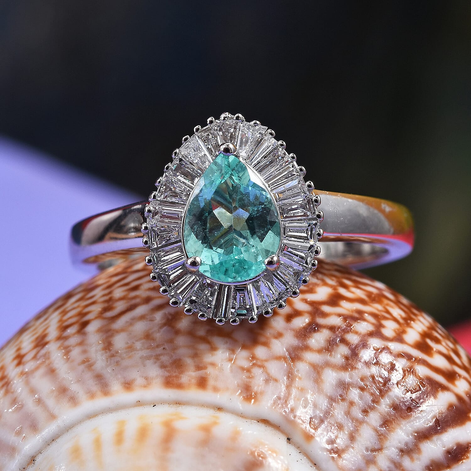 RHAPSODY 950 Platinum Mozambique Paraiba Tourmaline (Pear), Diamond Ring 1.135 Ct, Platinum wt 5.50 Gms
