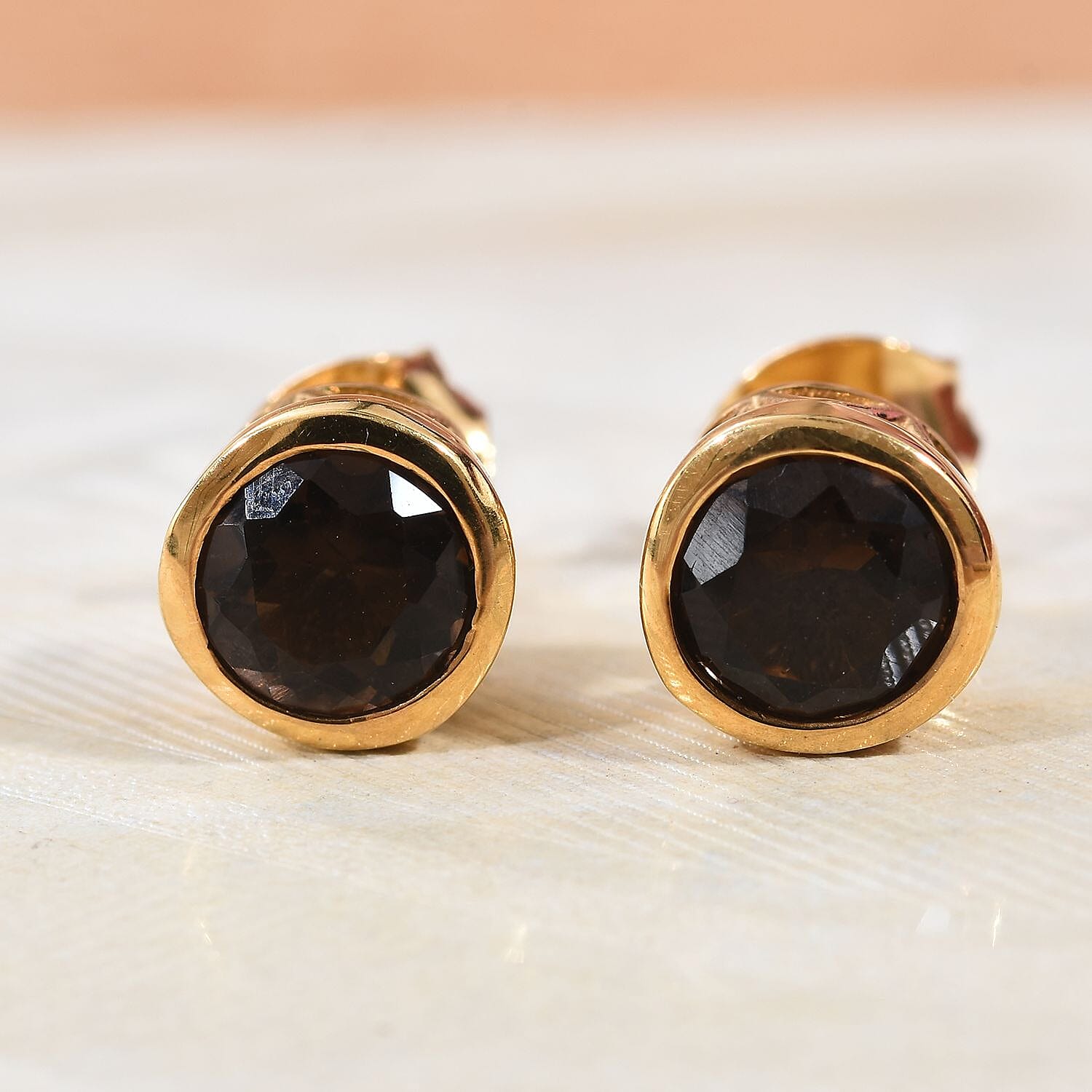 Brazilian Smoky Quartz (Rnd) Stud Earrings (with Push Back) in 14K Gold Overlay Sterling Silver 1.50 Ct.