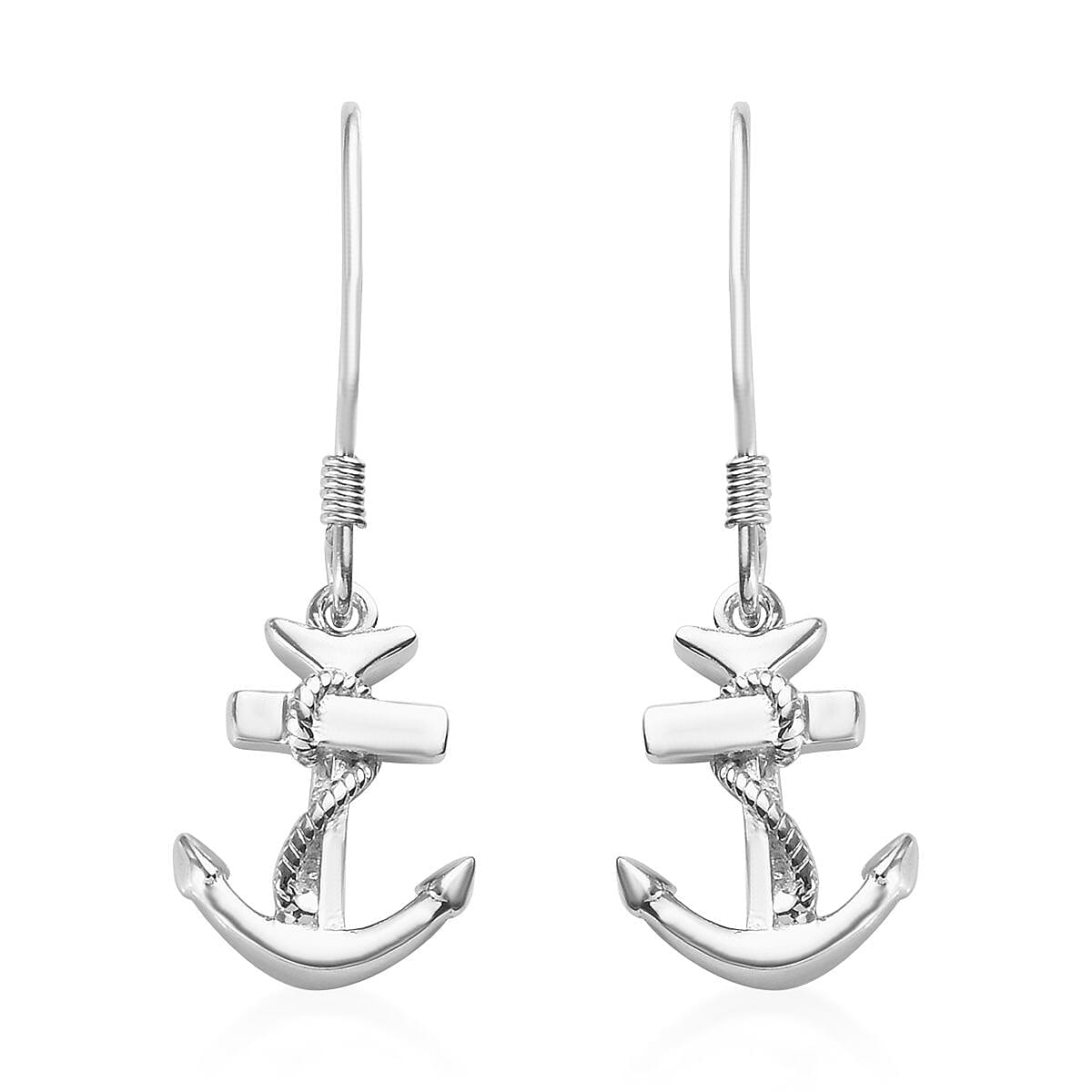 Platinum Overlay Sterling Silver Anchor and Rope Hook Earrings