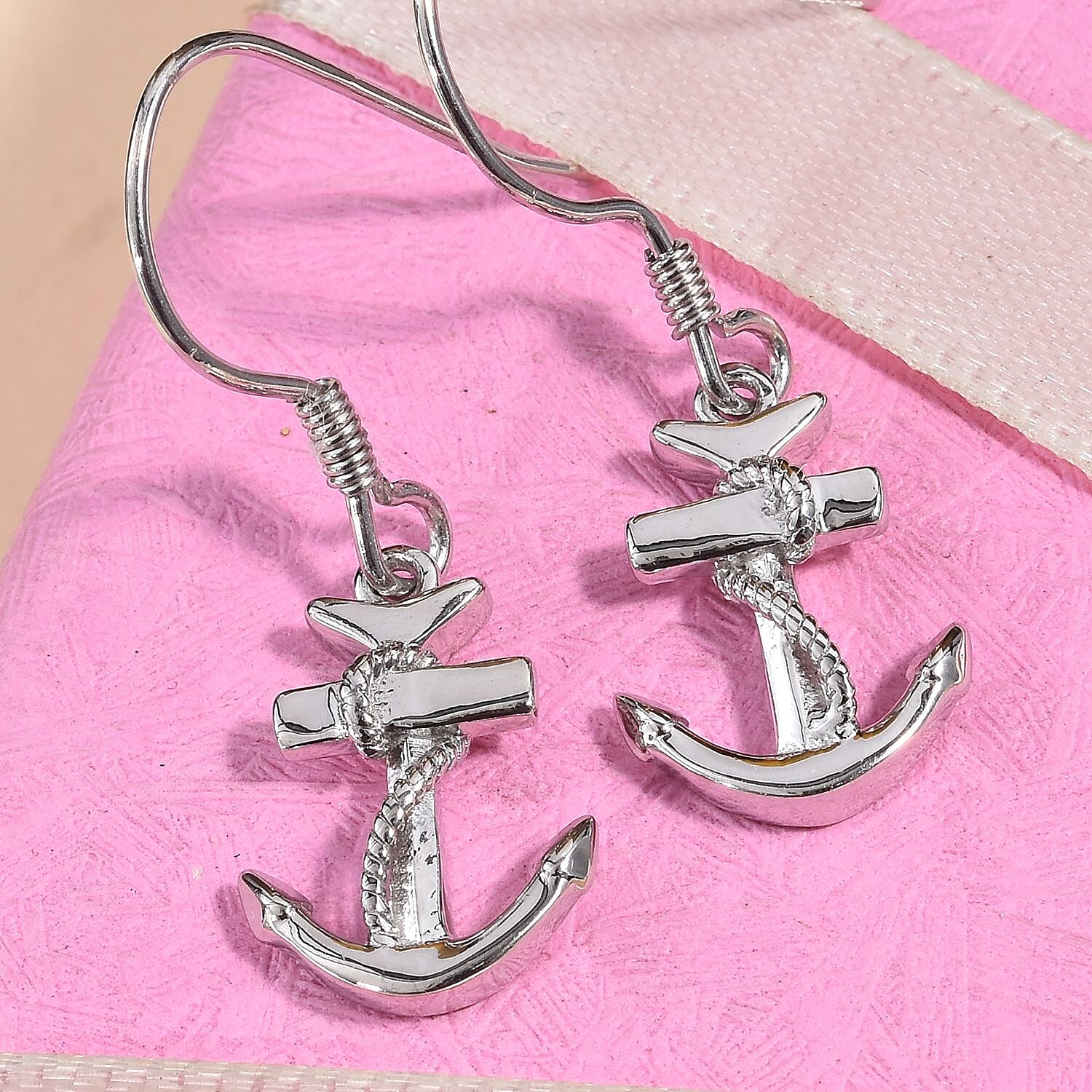 Platinum Overlay Sterling Silver Anchor and Rope Hook Earrings