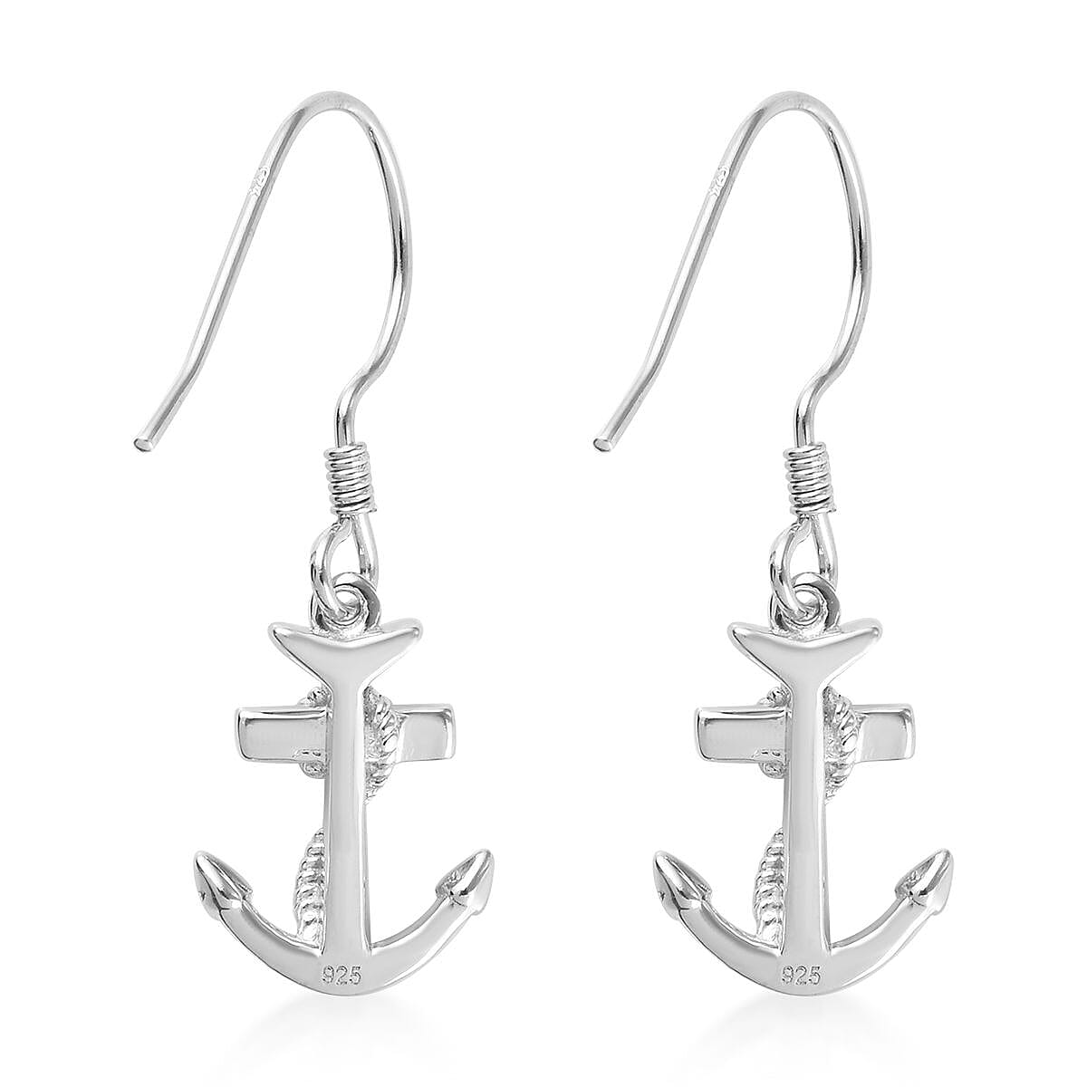 Platinum Overlay Sterling Silver Anchor and Rope Hook Earrings