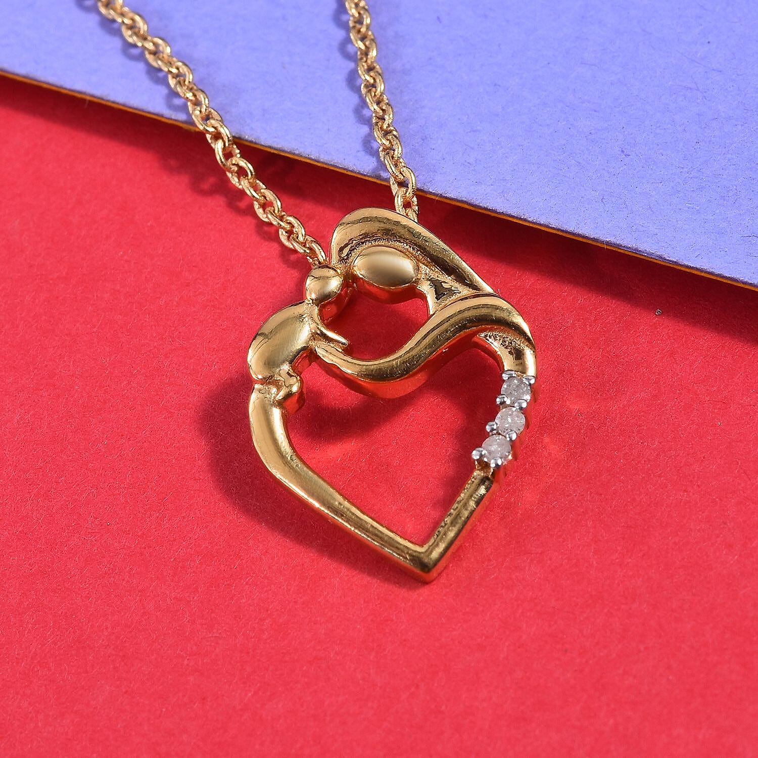 Diamond (Rnd) Mother Child Love Pendant with Chain in 14K Gold Overlay Sterling Silver 0.03 Ct.