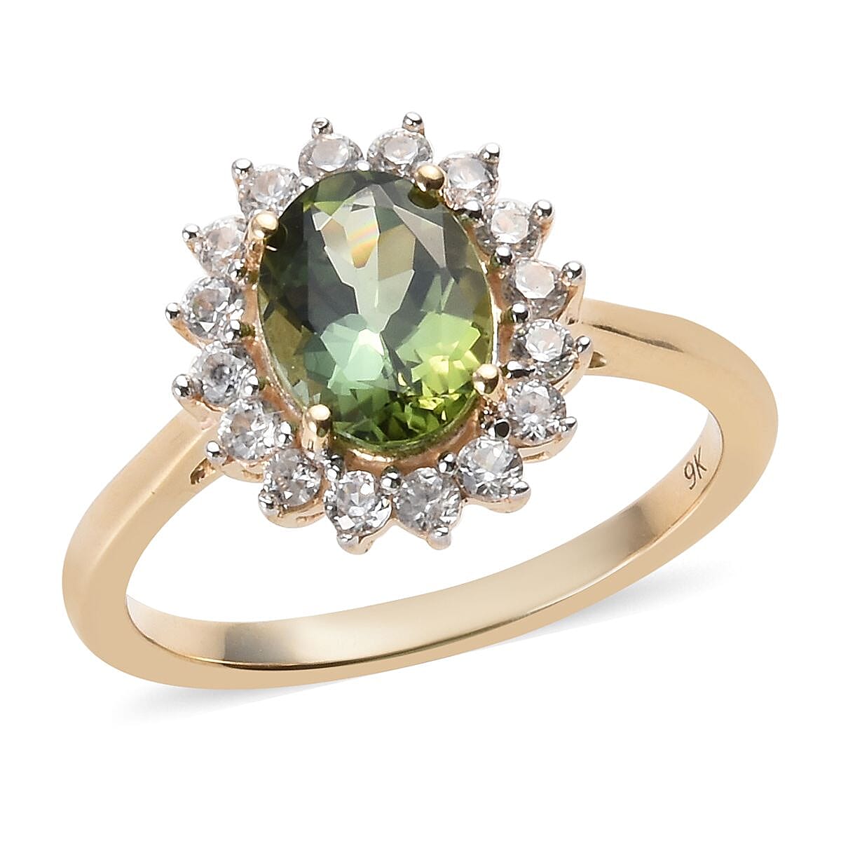 9K Yellow Gold AA Green Tourmaline (Ovl 8x6mm), Natural Cambodian Zircon Ring 1.33 Ct.