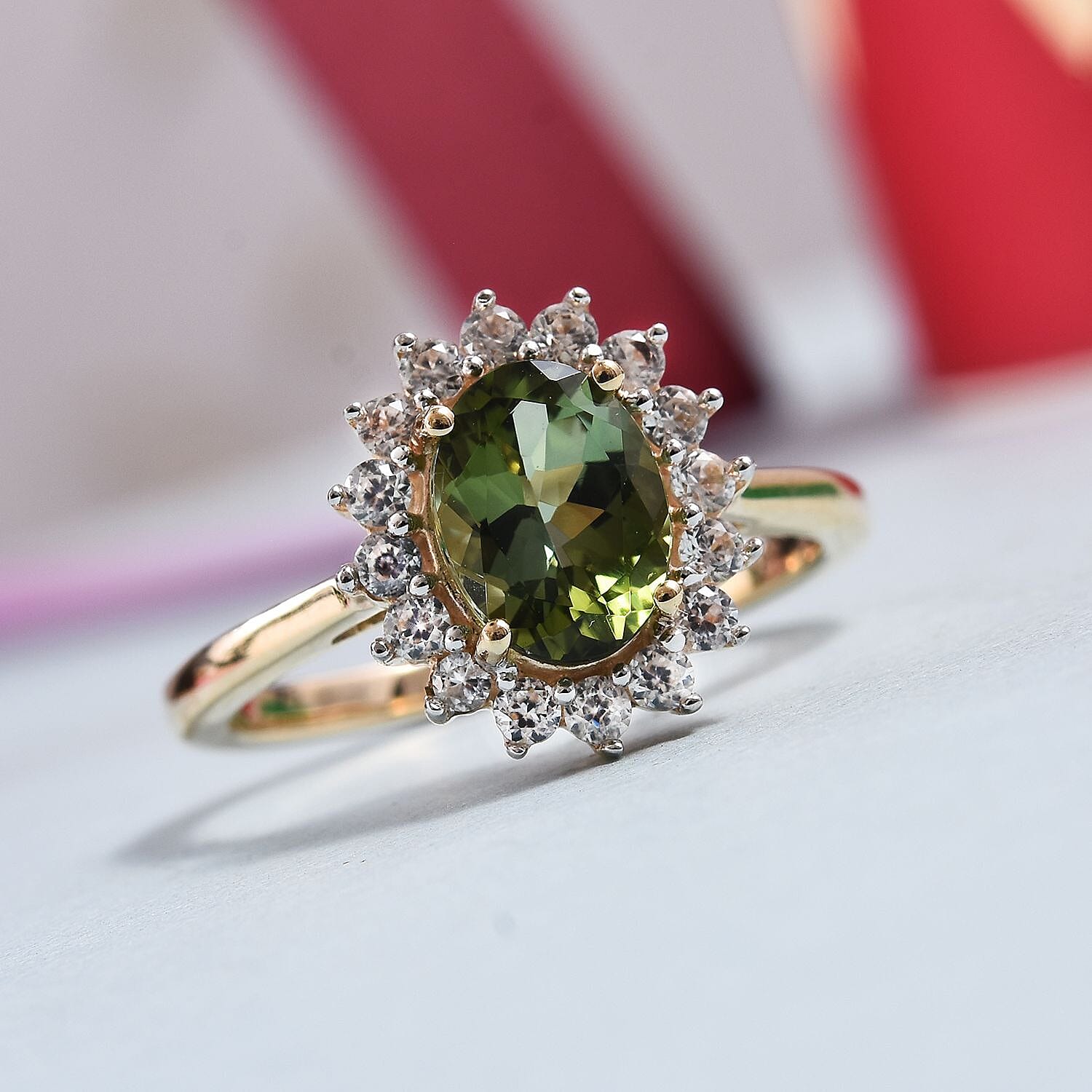 9K Yellow Gold AA Green Tourmaline (Ovl 8x6mm), Natural Cambodian Zircon Ring 1.33 Ct.