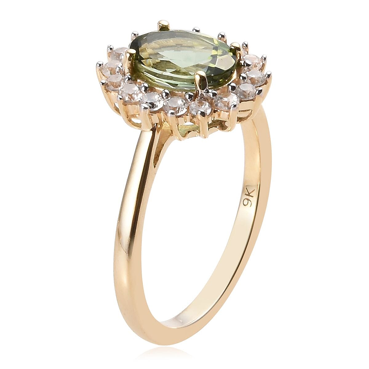 9K Yellow Gold AA Green Tourmaline (Ovl 8x6mm), Natural Cambodian Zircon Ring 1.33 Ct.