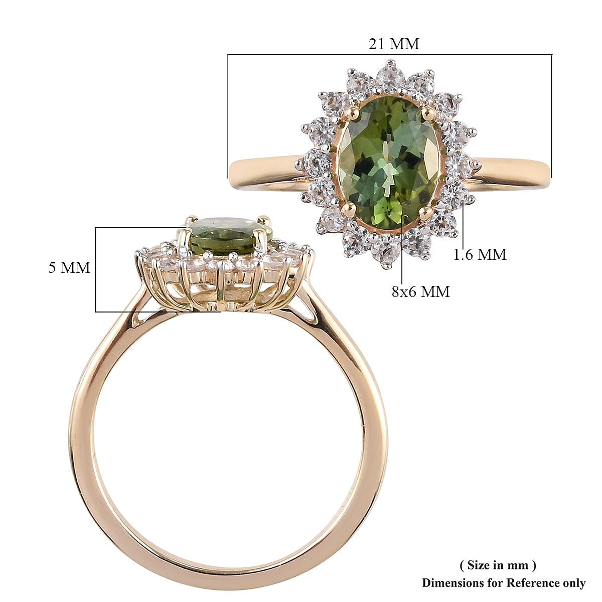 9K Yellow Gold AA Green Tourmaline (Ovl 8x6mm), Natural Cambodian Zircon Ring 1.33 Ct.