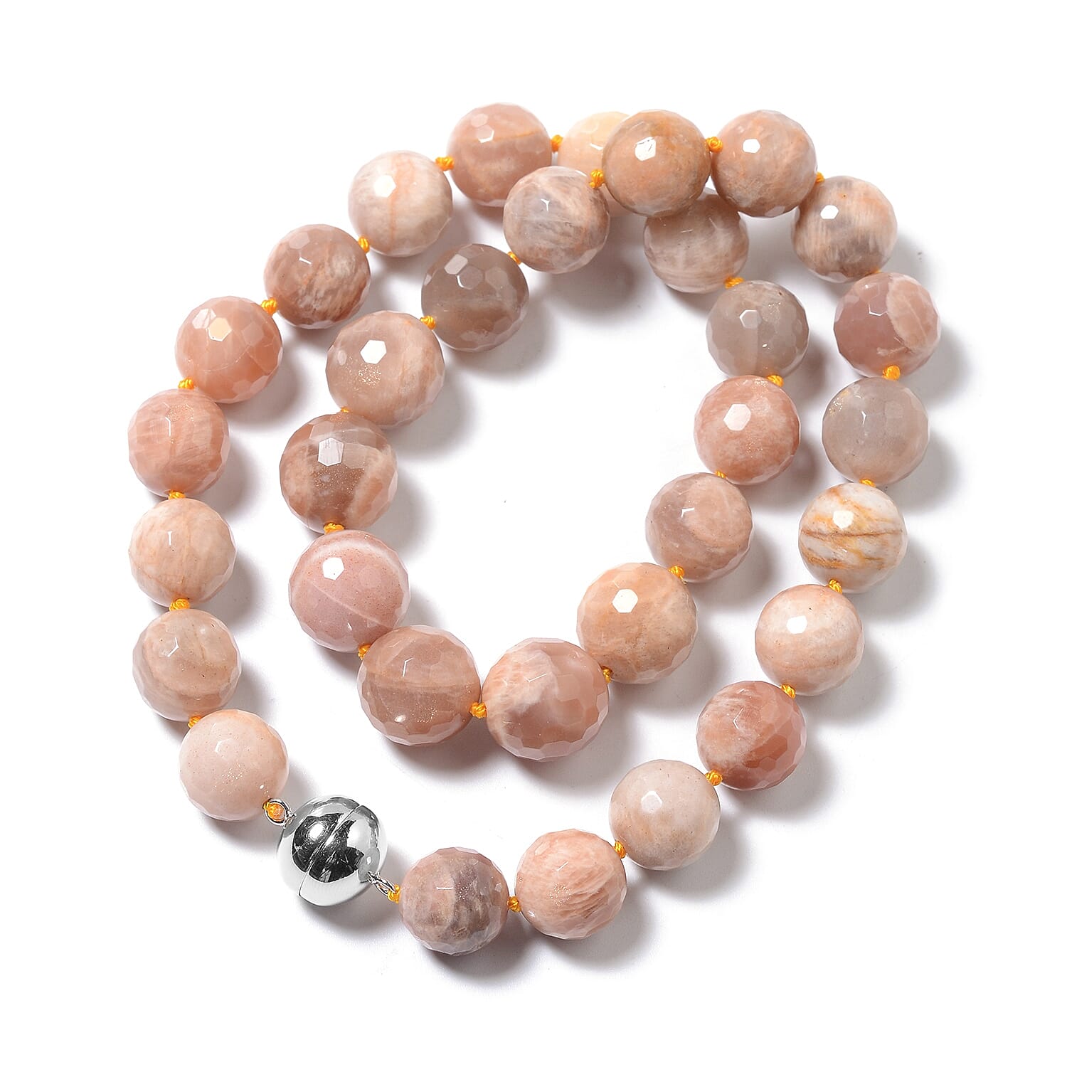 Srilankan Peach Moonstone (Rnd 13-17 mm) Necklace (Size 20) in Rhodium Overlay Sterling Silver with Magnetic Lock 639.50 Ct.