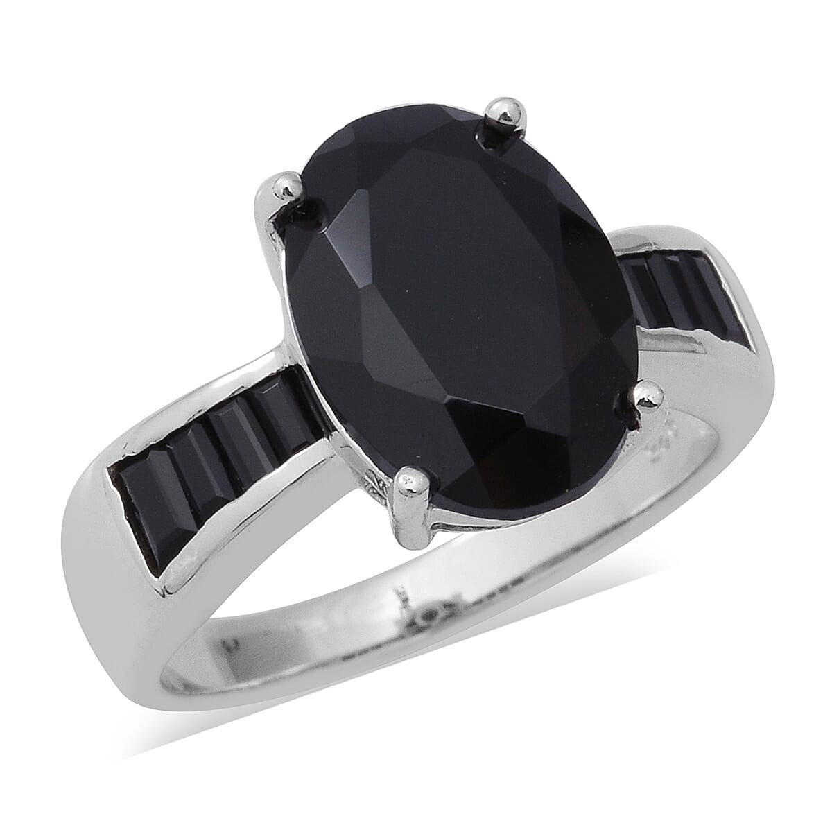 AAA Boi Ploi Black Spinel (Ovl and Bgt) Ring in Rhodium Overlay Sterling Silver 8.20 Ct.