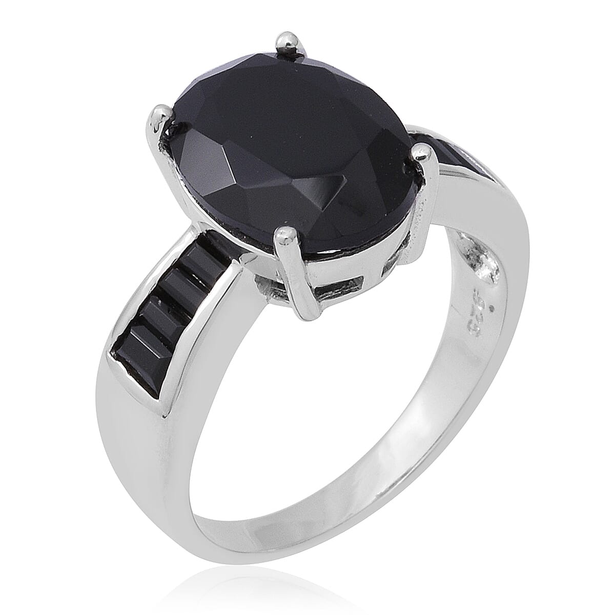 AAA Boi Ploi Black Spinel (Ovl and Bgt) Ring in Rhodium Overlay Sterling Silver 8.20 Ct.