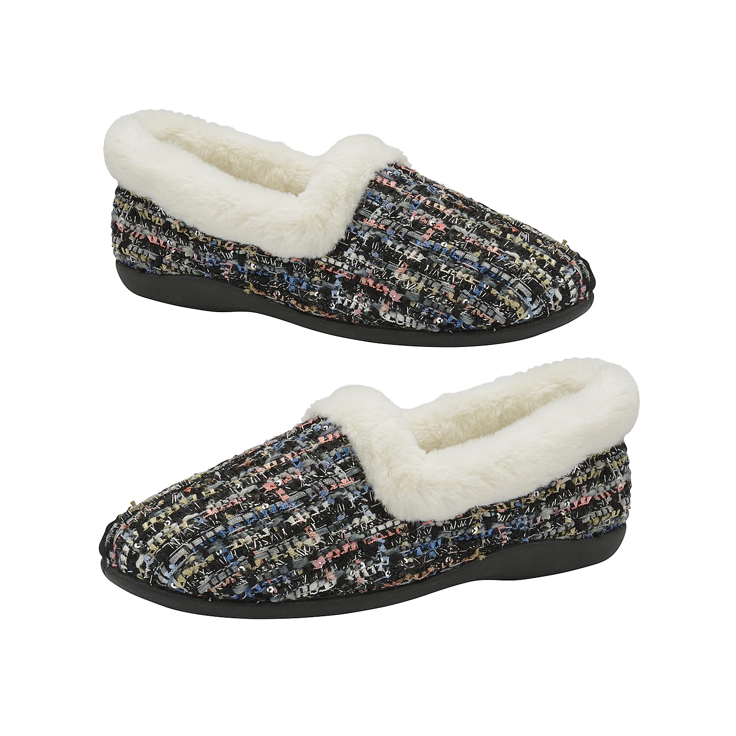 Dunlop Sandie Ladies Fleece Lined Collared Full Slippers - Black Fleck (Size 3)